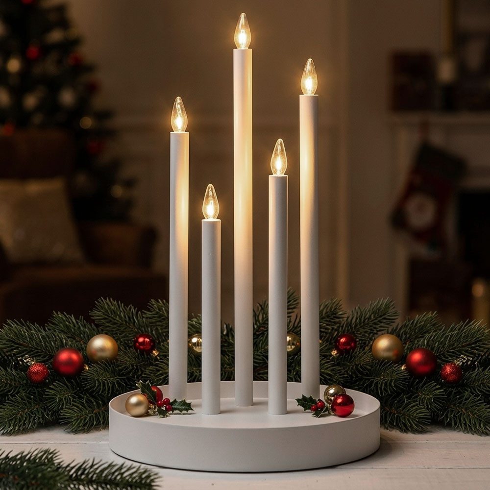 EGLO Dekolicht, Leuchtmittel inklusive, Warmweiß, LED Kerzenständer Weihnachten Weiß Stahl Dekolicht 5-Flammig H 46 cm