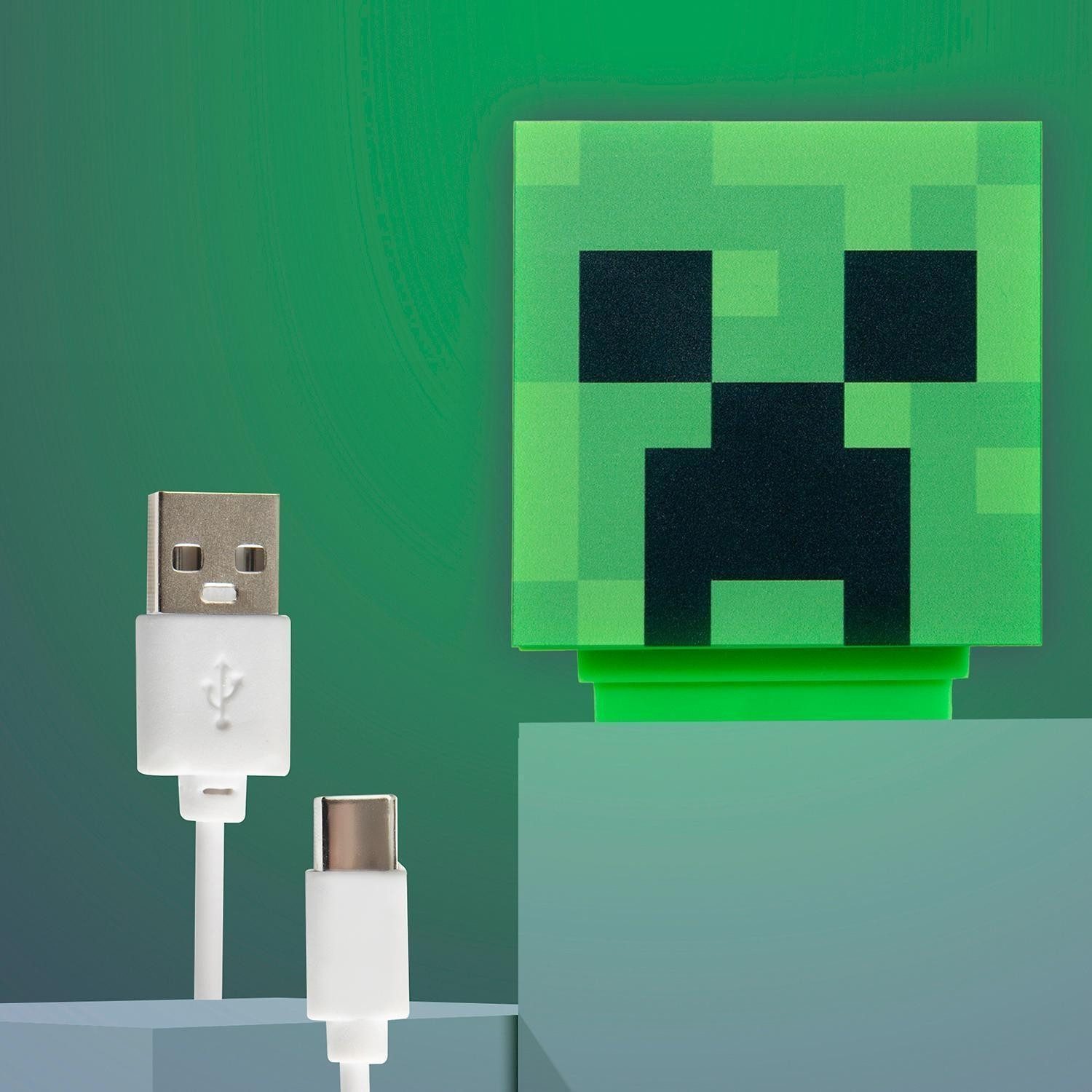 LED Tischleuchte MINECRAFT, H 11 cm, Grün, Schwarz, Kunststoff, Ein-/Ausschalter, LED fest integriert, Akkubetrieben, mit USB-Anschluss und Ladekabel