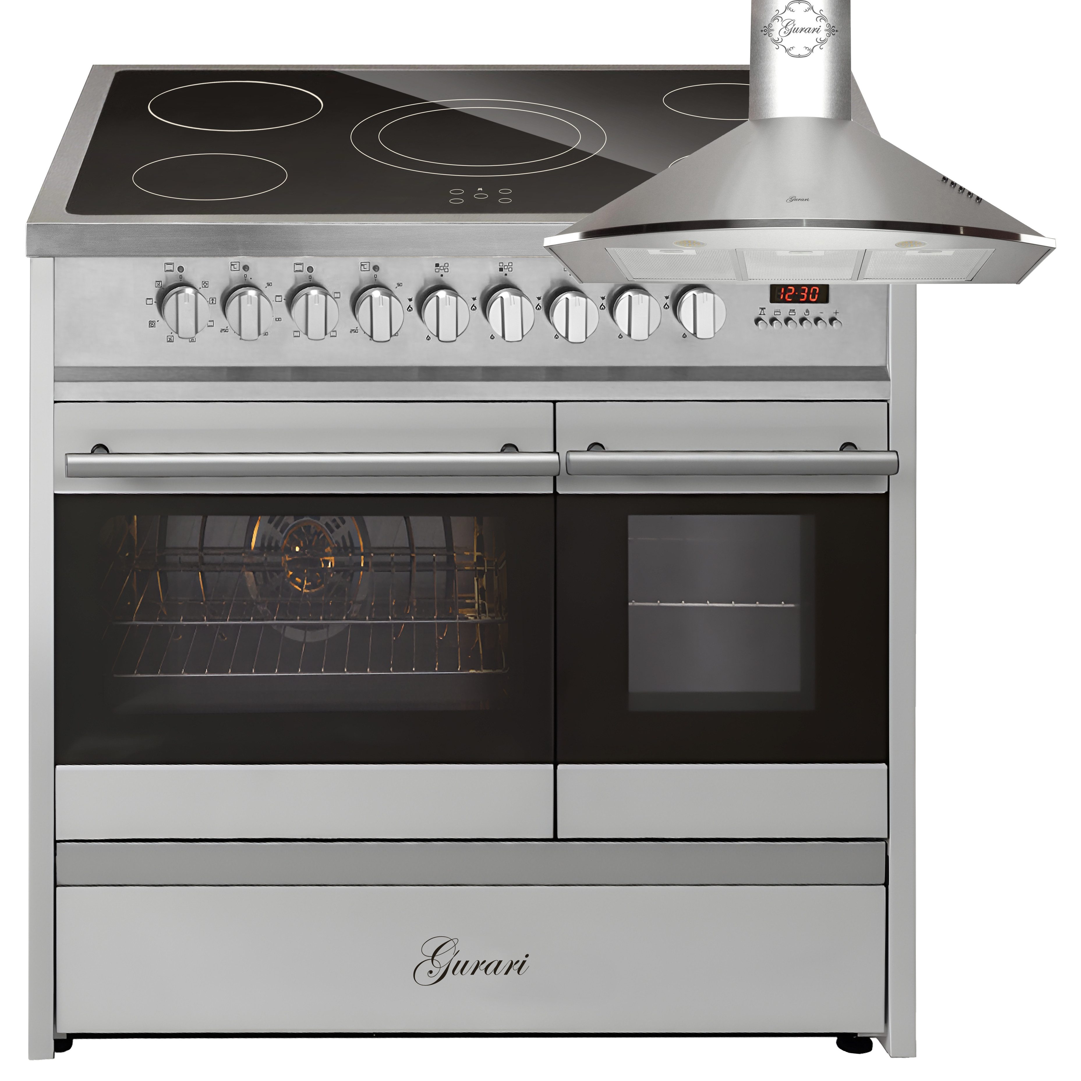 GURARI Elektro-Standherd Glaskeramik Herd 90 cm Edelstahl Range Cooker Elektro Doppelbackofen mit Dunstabzugshaube 90 cm 1000m³/h Wandhaube Edelstahl GCH E 912 DF X+GCH C 046 IS 9., mit 1-fach-Teleskopauszug, Elektro Standherd 90 cm, Doppelbackofen+Dunstabzugshaube 90 cm