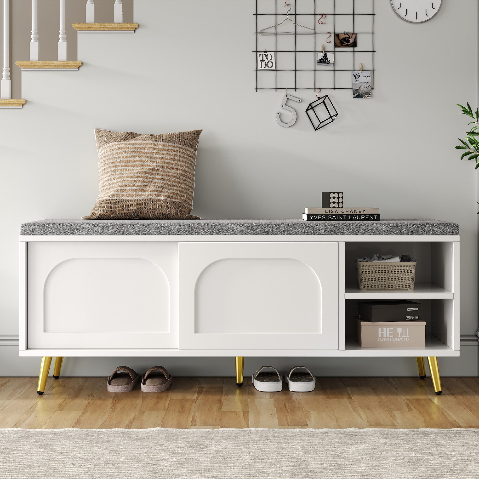 Flieks Schuhbank mit Sitzkissen und Schiebetüren (B121×T35×H49 cm, 1-St), Schuhregal Sitzbank Schuhschrank aus MDF Weiß, Metallbeine