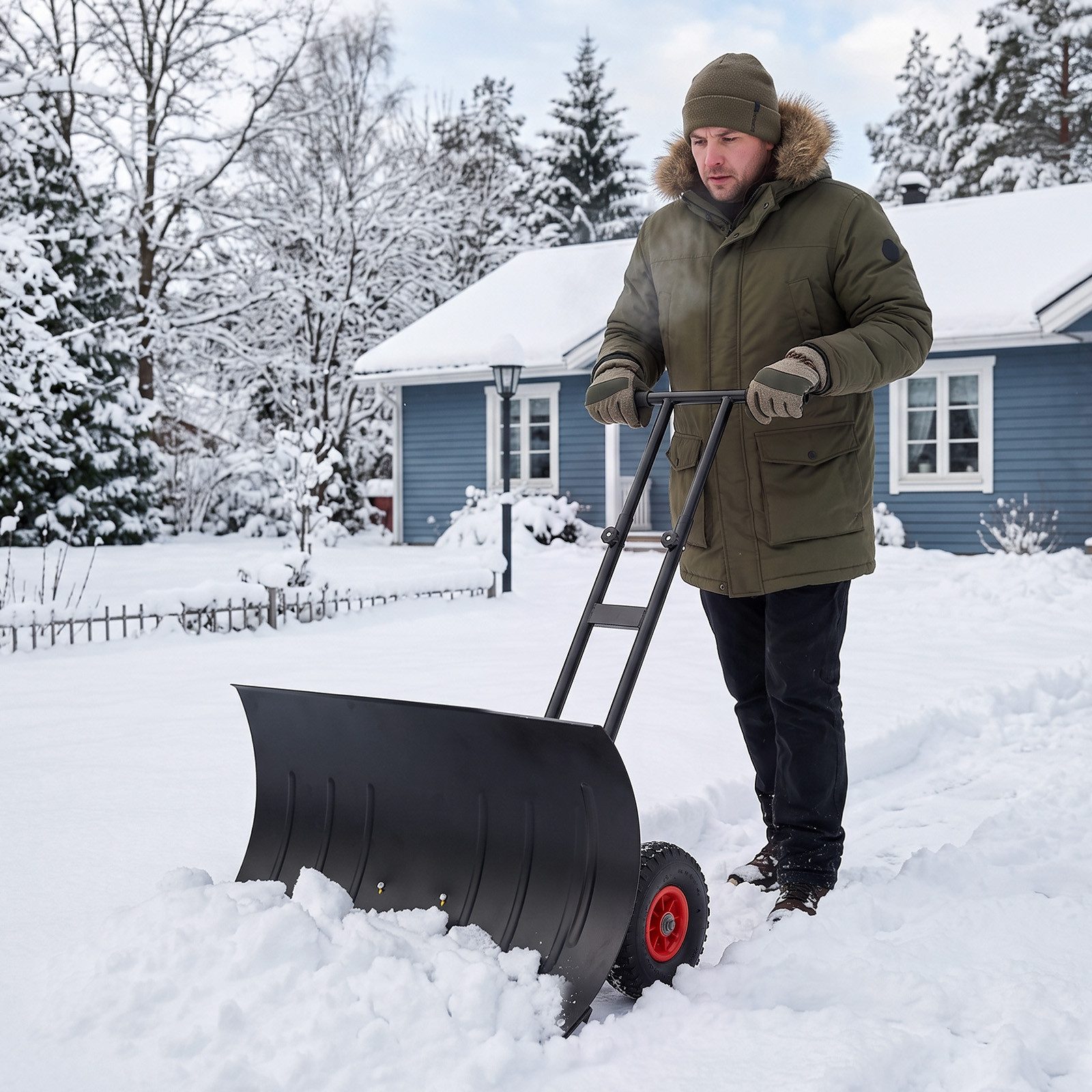 LALAHO Schneeschieber Schneeschaufel mit Rädern & Stiel – Stahlschaufel, 92 cm Arbeitsbreite, mit 100 cm langem Stiel, verstellbare Schubstange, ergonomisch, für Gehwege & Einfahrten