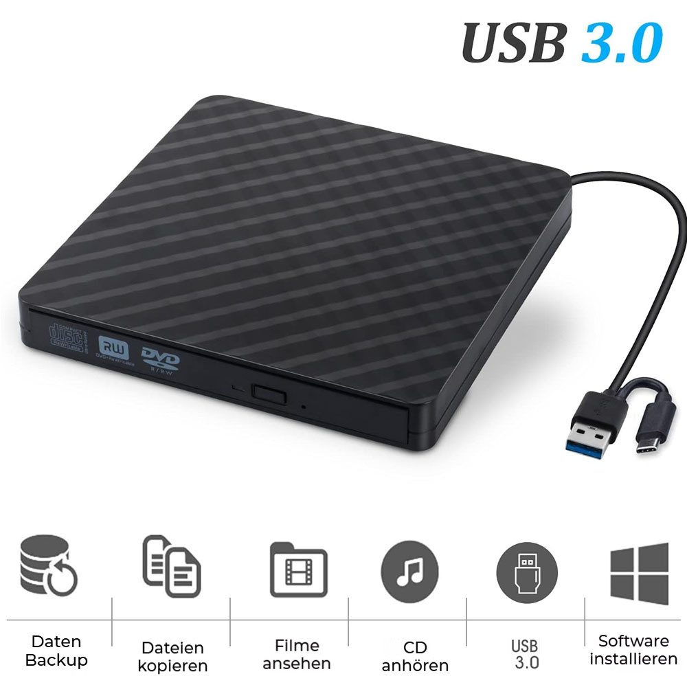PRIISF External CD DVD +/-RW ROM Optical Drive Rewriter Writer USB 3.0,Type-C DVD-Brenner (Slim CD/DVD ROM Portable Laufwerk Brenner, DVD 8x/CD 24x, Für alle Notebook Desktop PC Laptop-Mac OS,Windows11)