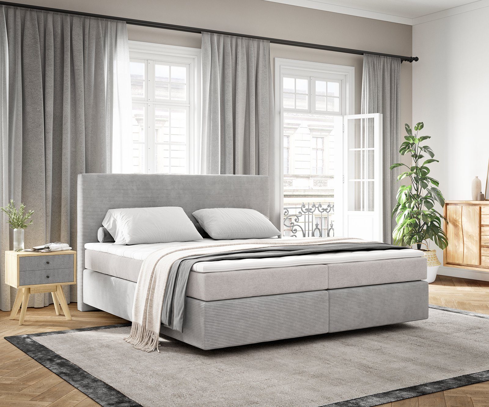 DELIFE Boxspringbett Dream-Well, Cord Silbergrau 180x200 cm mit TFK Matratze u. Topper