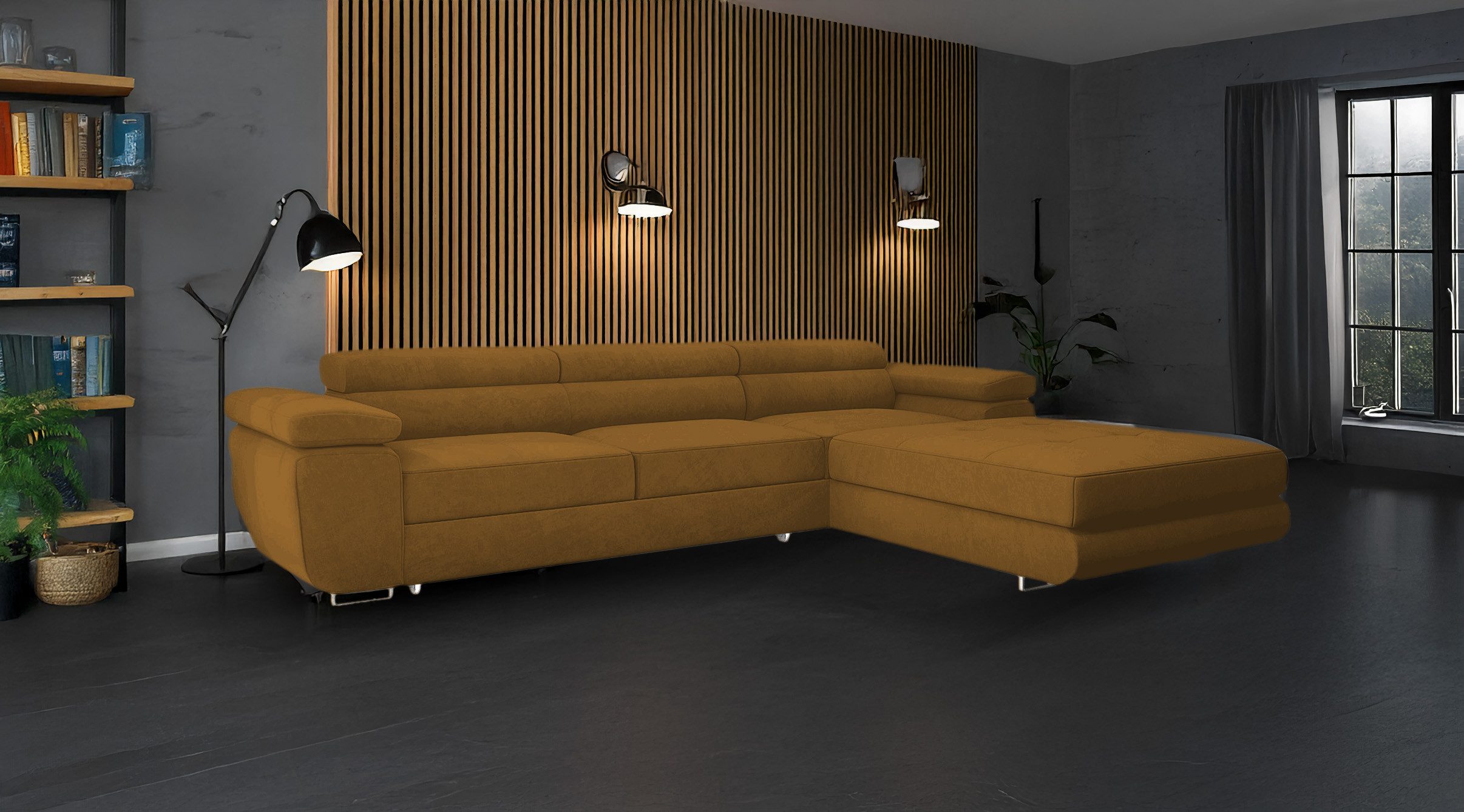 Goldstoff Ecksofa mit Schlaffunktion und Bettkasten, Designer Schlafsofa mit Bettkasten, Big Sofa - VENUS TWIN, Couch mit verstellbaren Kopfstützen in gold