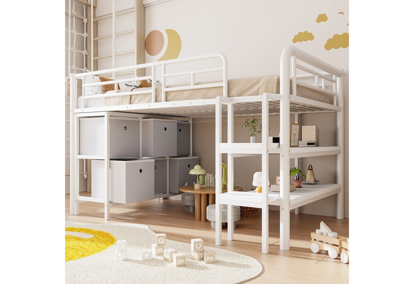 Merax Hochbett mit abgerundeten Ecken (Etagenbett Jugendbett Einzelbett, 1-St) Metallbett Kinderbett 90x200cm mit Treppe Schubladen Regalen Stauraum