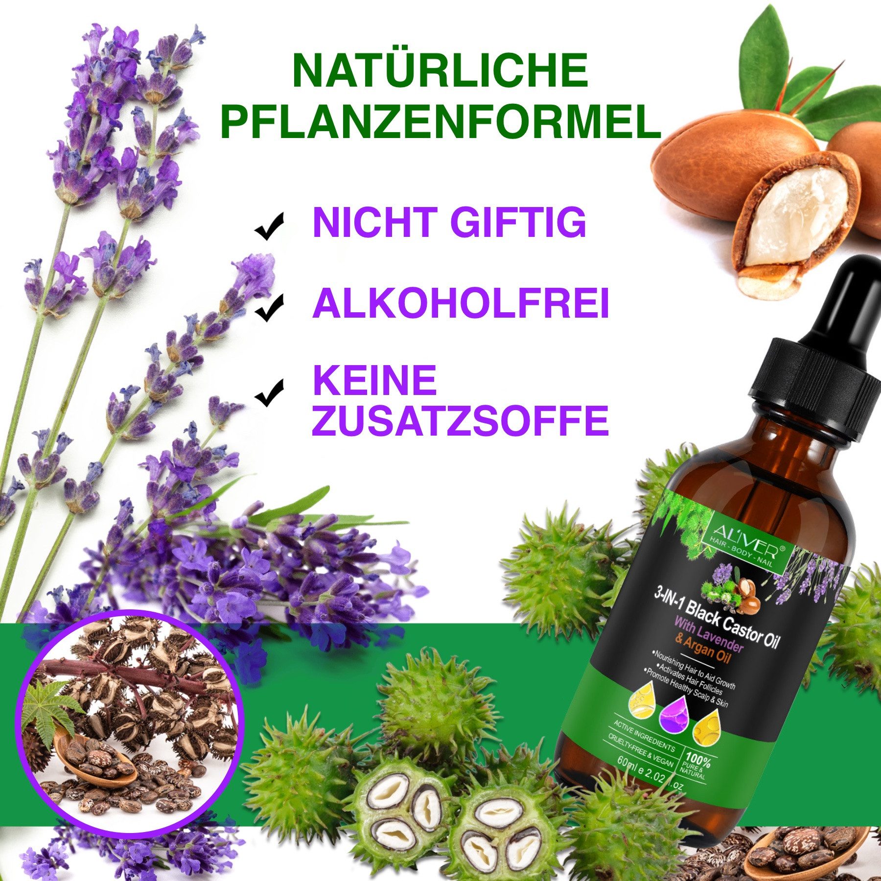 ALIVER Haarpflege-Set Shampoo Conditioner Haaröl mit Biotin Rizinus Lavendel Argan Öl