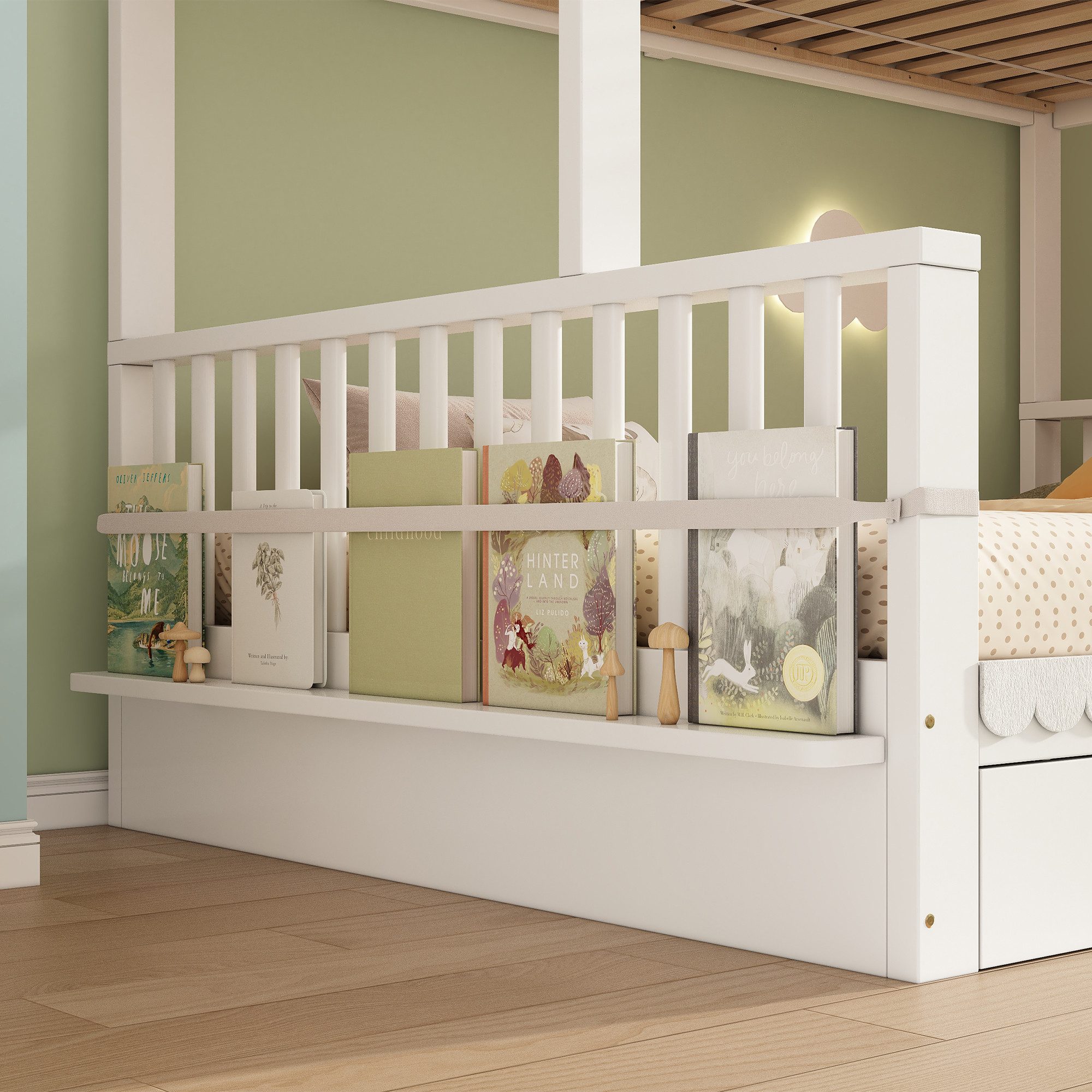 Flieks Etagenbett Kinderbett 90x200+140x200cm, mit Wolken-Geländer, Schubladen und Zeitschriftenständer – Bild 4 von 5