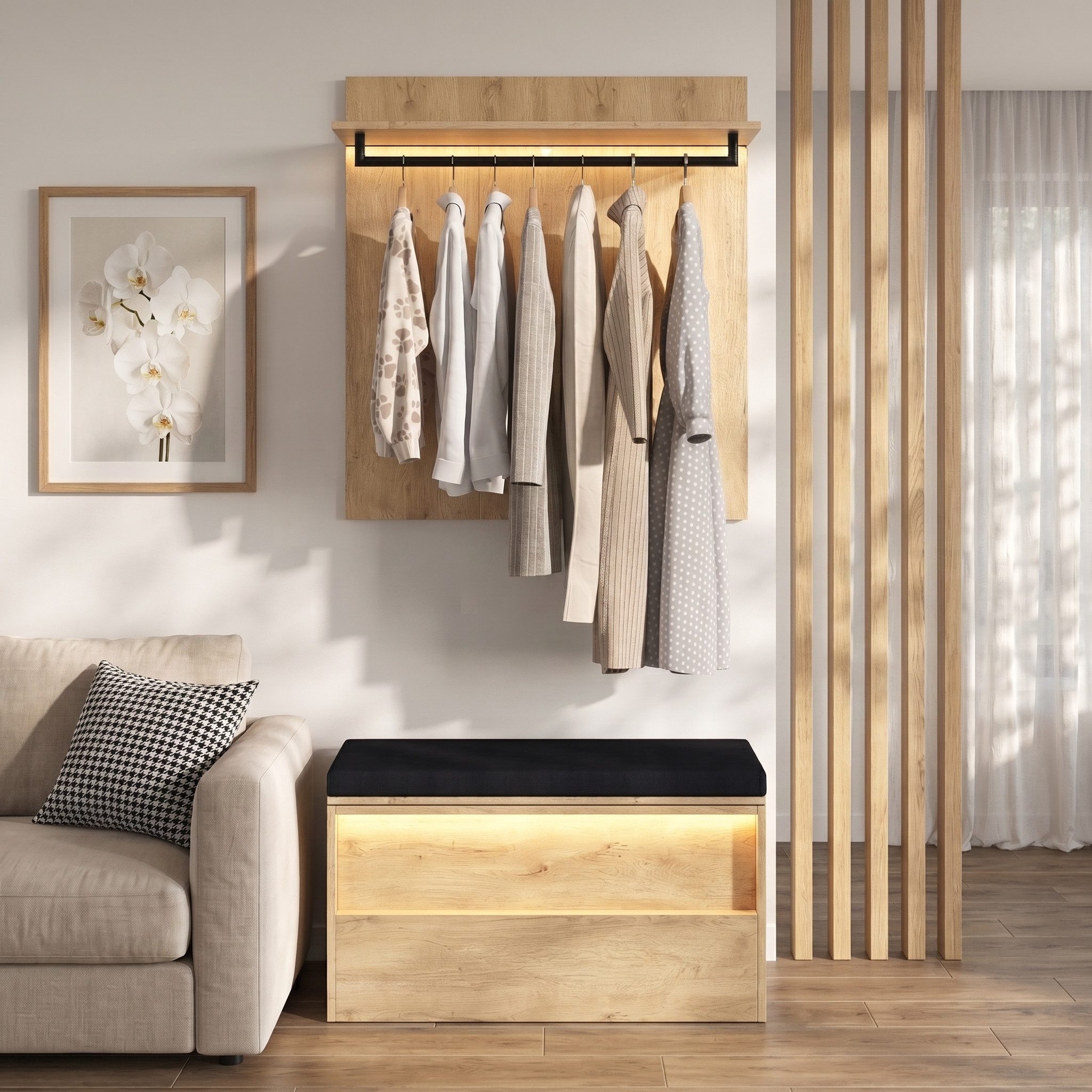 Flieks Garderoben-Set Holzoptik Wandgarderobe, Schuhbank mit Sitzissen, Kleiderständer, (Kompaktgarderobe mit LED-Beleuchtung, 2-St., 90x47x145 cm), Sitzbank mit Stauraum 4 Fächern, Paneel mit Ablagen, Natur&Schwarz