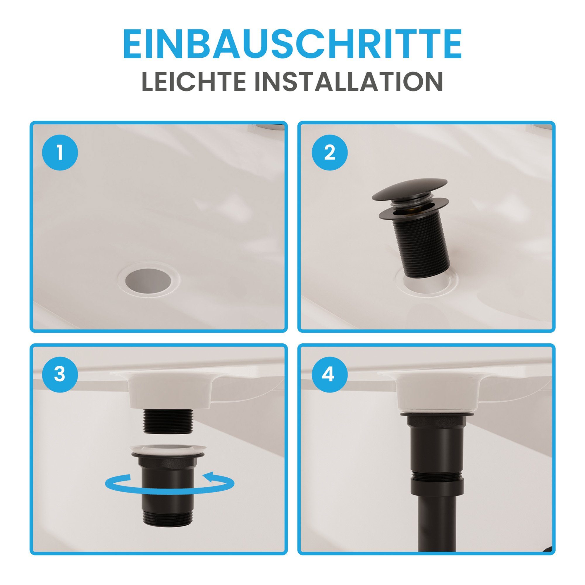 Bächlein Ablaufgarnitur Waschbeckenabfluss Pop Up (Eleganter Waschbeckenstöpsel) Werkzeugloser Einbau - Click Clack Funktion – Bild 4 von 5