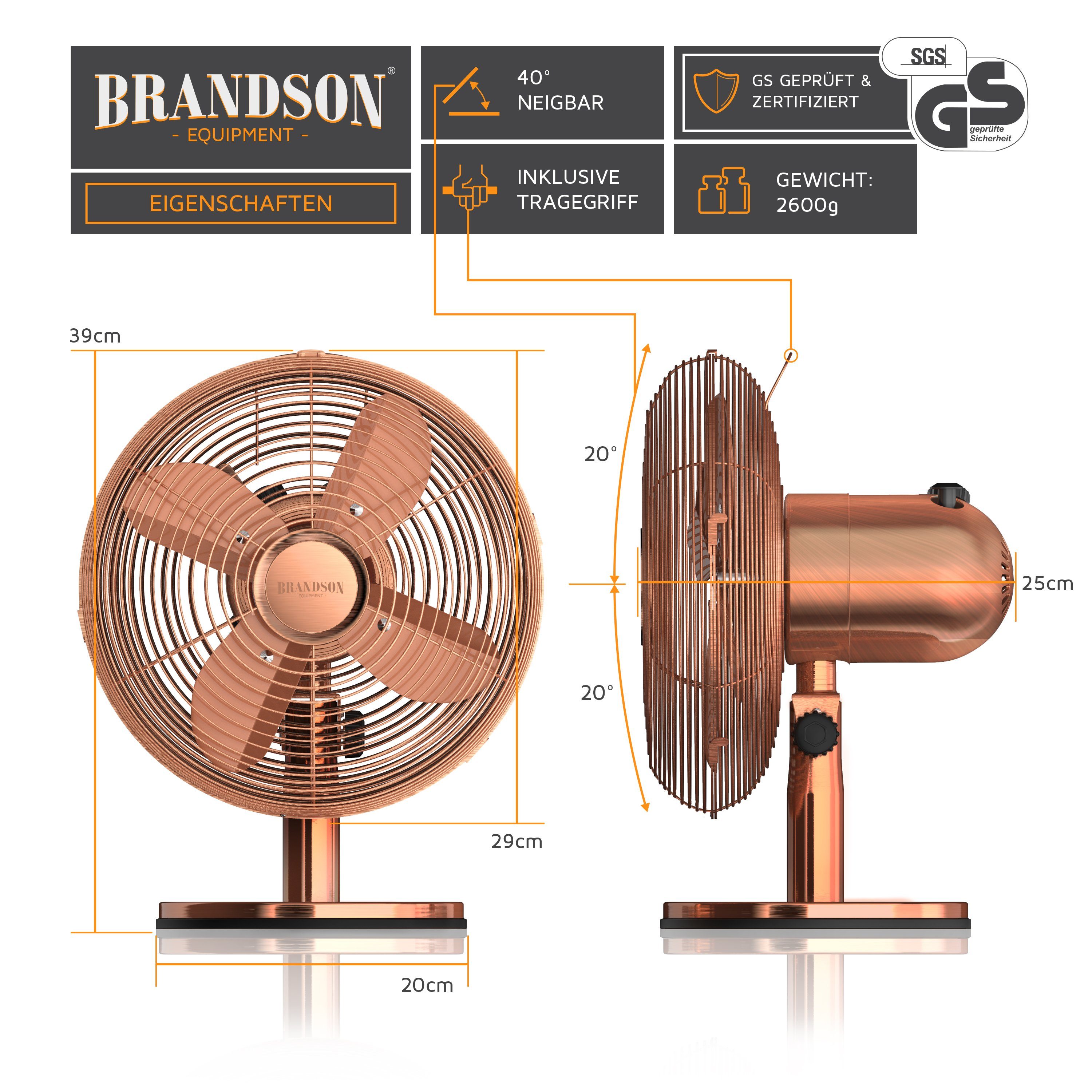 Brandson Tischventilator Retro Design, Oszillation, Neigungswinkel ca. 40°, Metallgehäuse, 30W, 28 cm Durchmesser, Preisträger 2025, mobiler Lüfter, 3 Geschwindigkeitsstufen, GS-Geprüft