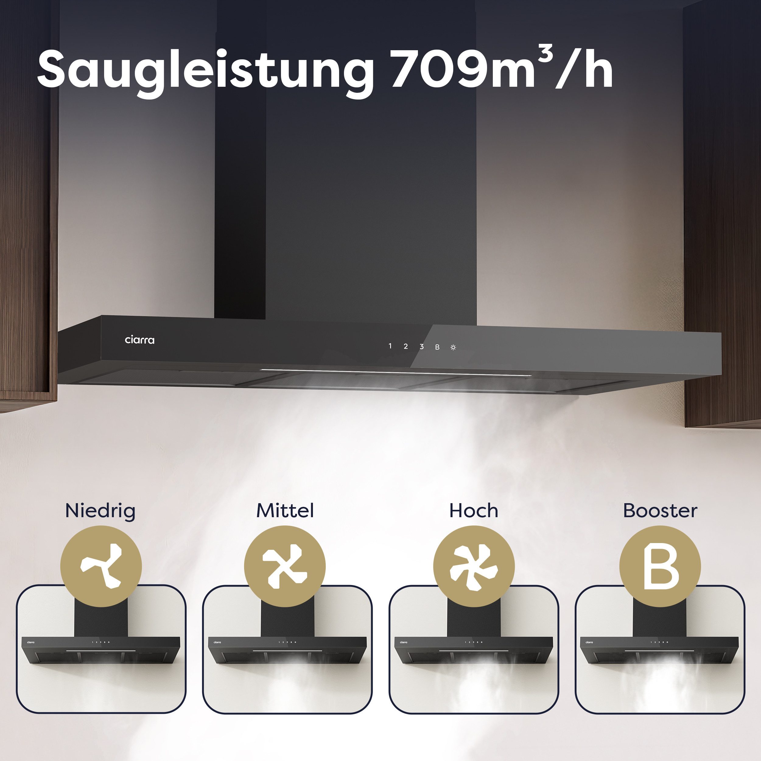CIARRA Wandhaube 90 cm Dunstabzugshaube A+++ 709 m³/h Umluft & Abluft 4 Stufen CBCB9102 90 cm Dunstabzugshaube A+++ 709 m³/h Umluft & Abluft 4 Stufen CBCB9102, Kaminhaube leise WIFI-APP Touch Control Inkl. BOOST mit 2*Kohlefilter
