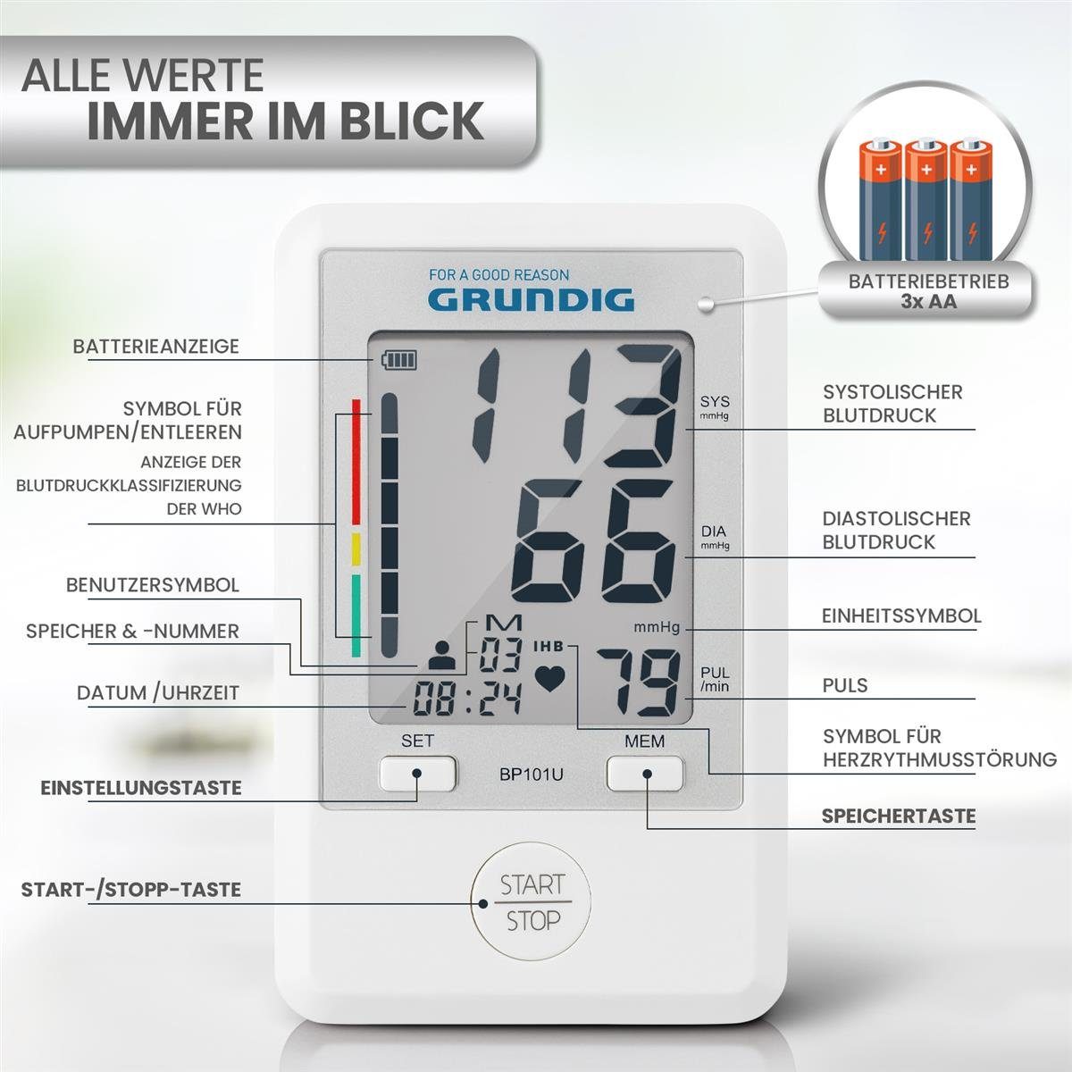 Grundig Blutdruckmessgerät Digitales Oberarm Blutdruckmessgerät, großes Display