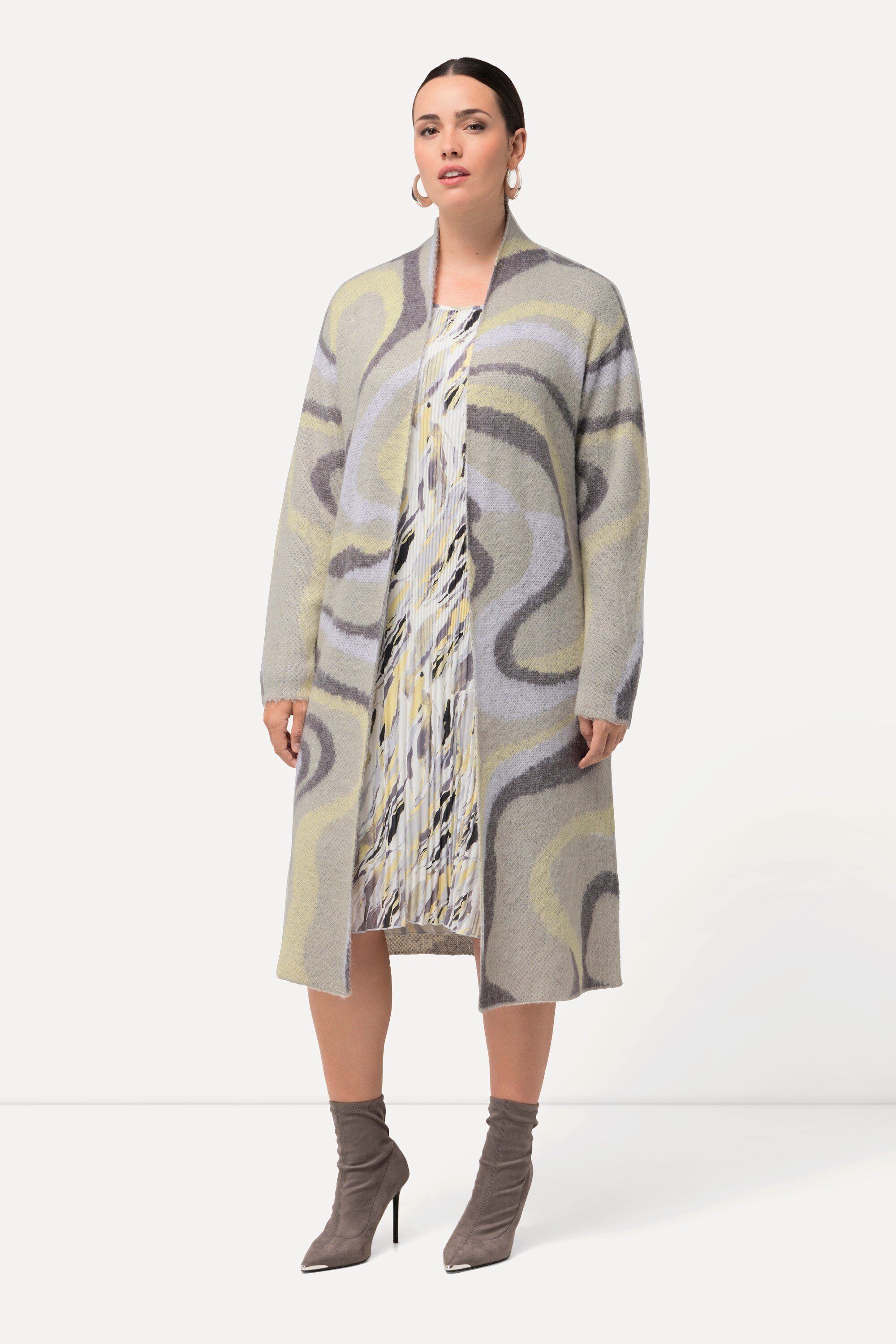 Ulla Popken Langjacke Long-Strickjacke Jacquard-Strickmuster offene Form