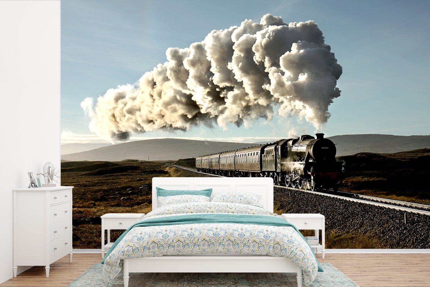 MuchoWow Fototapete Eine Dampflokomotive fährt durch eine zerklüftete Landschaft, Matt, bedruckt, (6 St), Wallpaper für Wohnzimmer, Schlafzimmer, Kinderzimmer, Vinyl Tapete