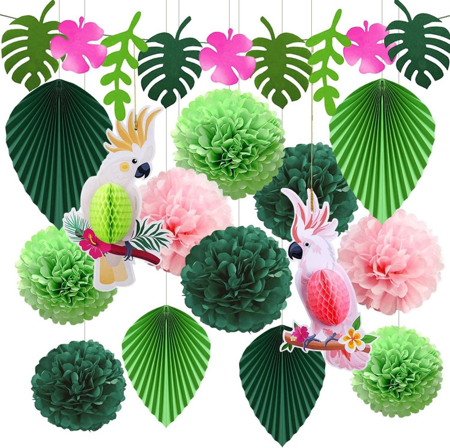 Hängedekoration Waldmärchenparty Deko Set grün Blätter Papagei Pompoms 15er