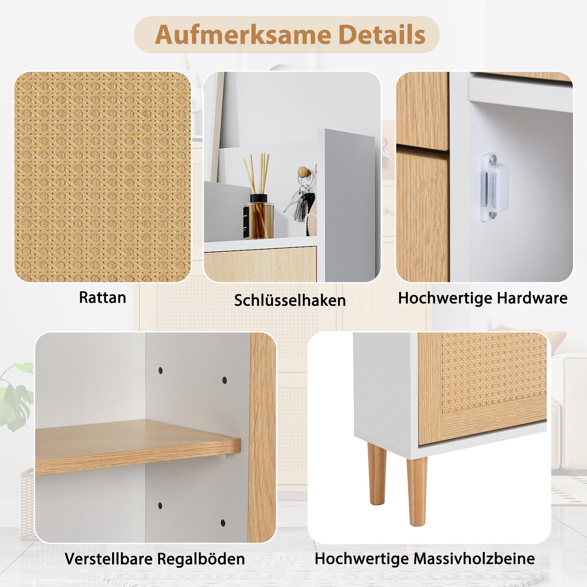 Merax Schuhschrank mit Rattandekor mit 3 Klappen, Tür und Schublade,Sideboard,Schuhkipper