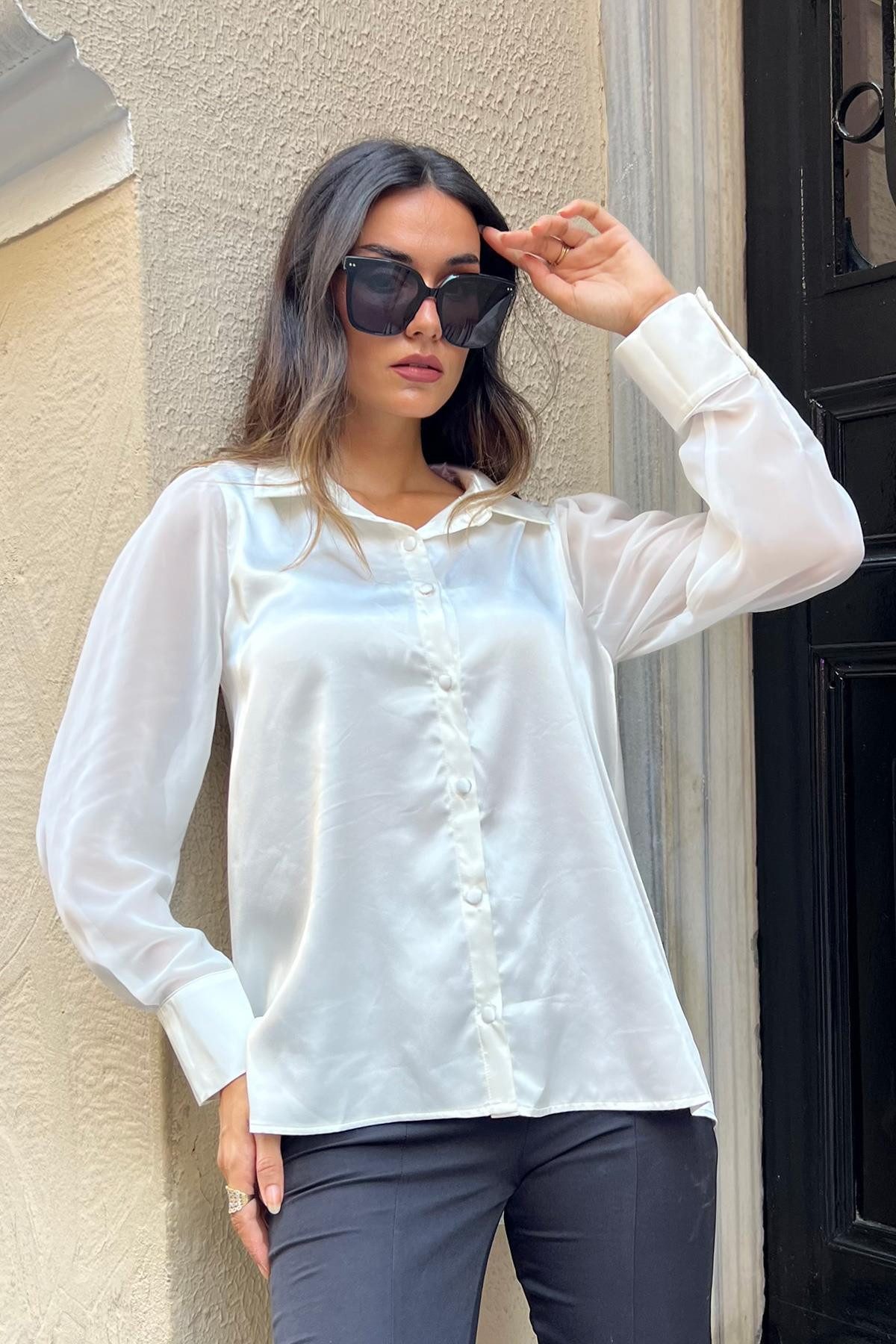 For You Moda Businesshemd Weißes Satinhemd mit Chiffon-Detail