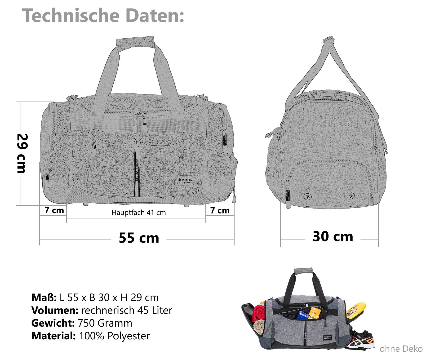 Alessandro Salvatore Sporttasche Damen Gym Mate 724, Reisetasche Sport Tasche Schuhfach Vortasche 55 cm 45 L