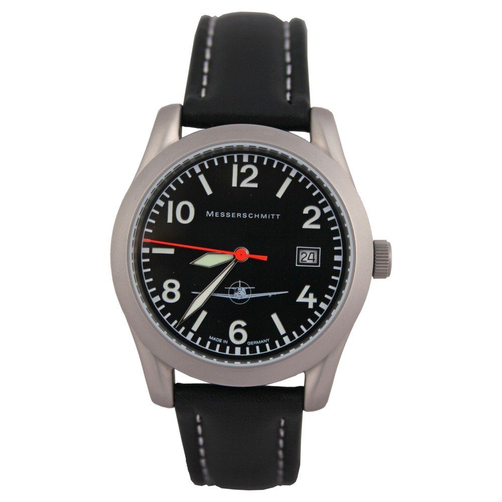 Messerschmitt Quarzuhr 108-40, Fliegeruhr Herrenuhr - mit graviertem Gehäuseboden, mit schwarzem Lederarmband & rotem Sekundenzeiger - Made in Germany