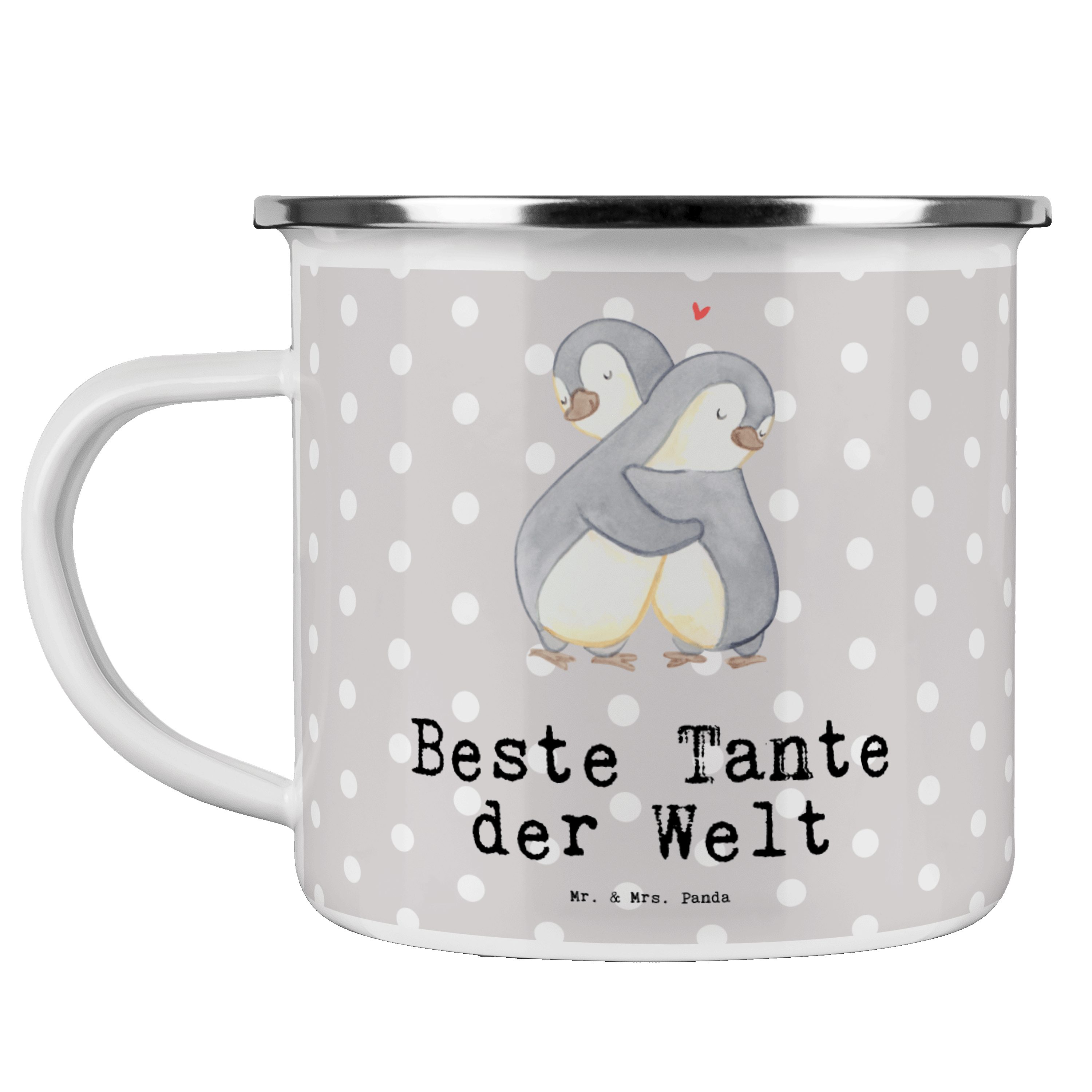 Mr. & Mrs. Panda Becher Pinguin Beste Tante der Welt - Grau Pastell - Geschenk, Geschenkidee, Emaille