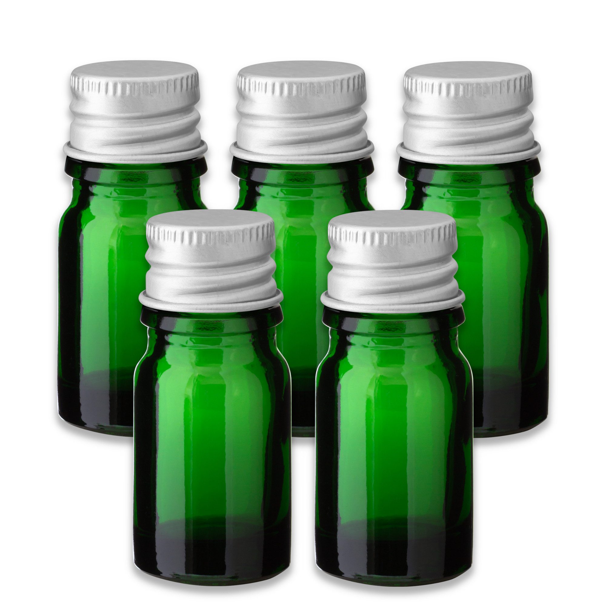 CK Verpackung GmbH Leerglas 5x Grüne Glasflasche 5 ml mit silbernem Aluminium-Schraubverschluss (Set x5)