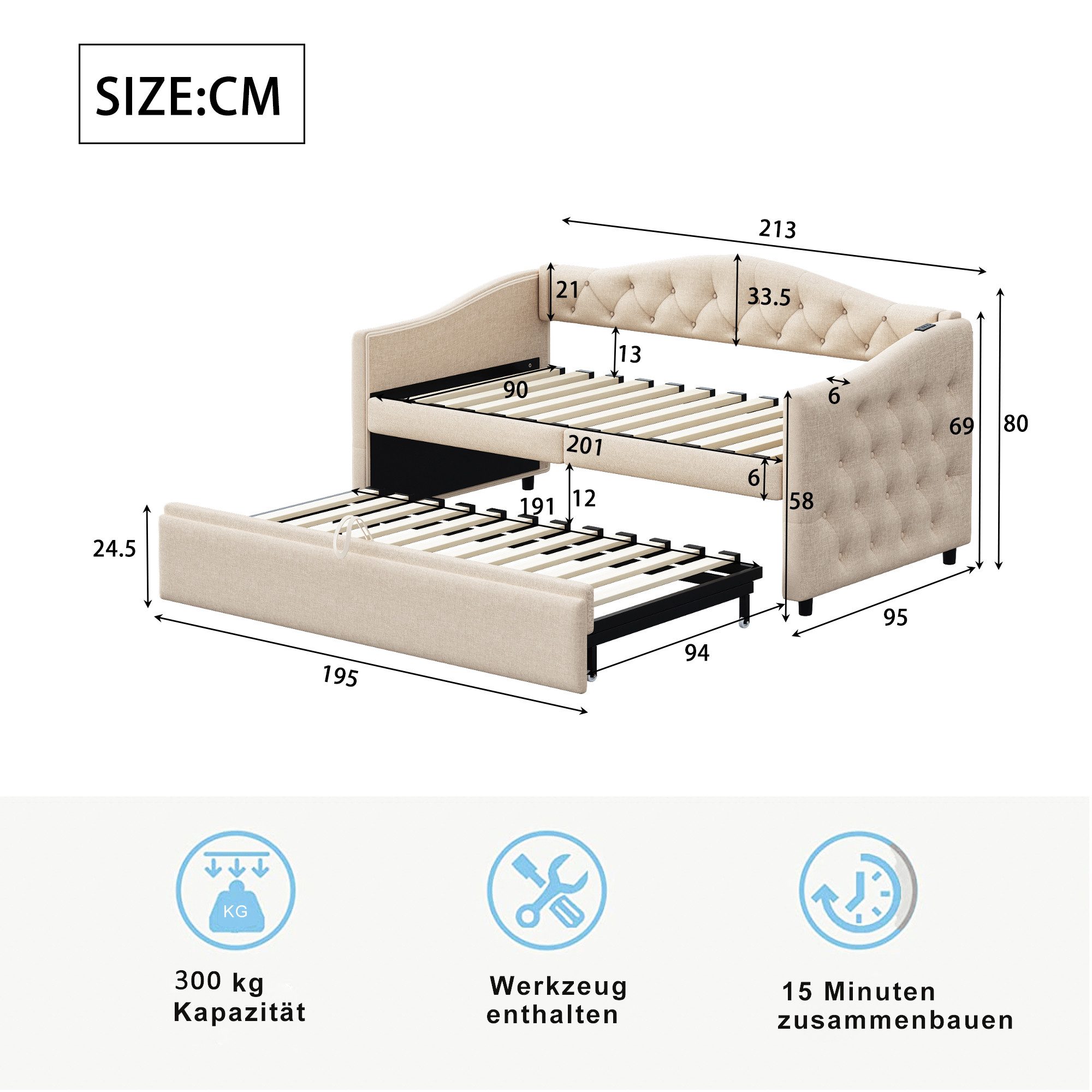 Odikalo Schlafsofa Polsterbett USB Knöpfen Multifunktionsbett (ohne Matratze)90*200 cm