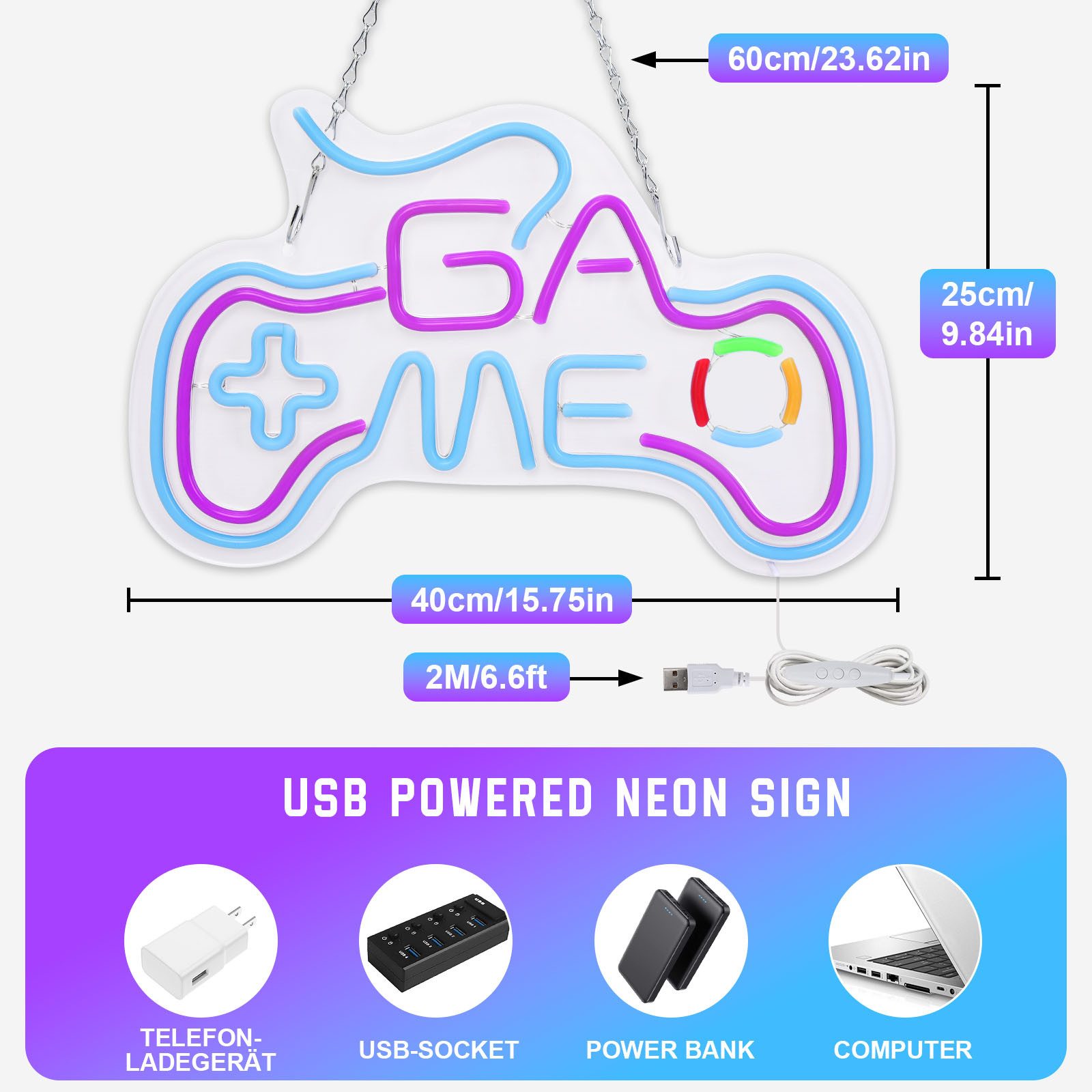 Laybasic Nachtlicht Gamer LED Neonlicht,Dimmer Neon Schild USB Leuchtreklame, 5 Helligkeit 40×25cm für Game Room Bar Wall Party Deko
