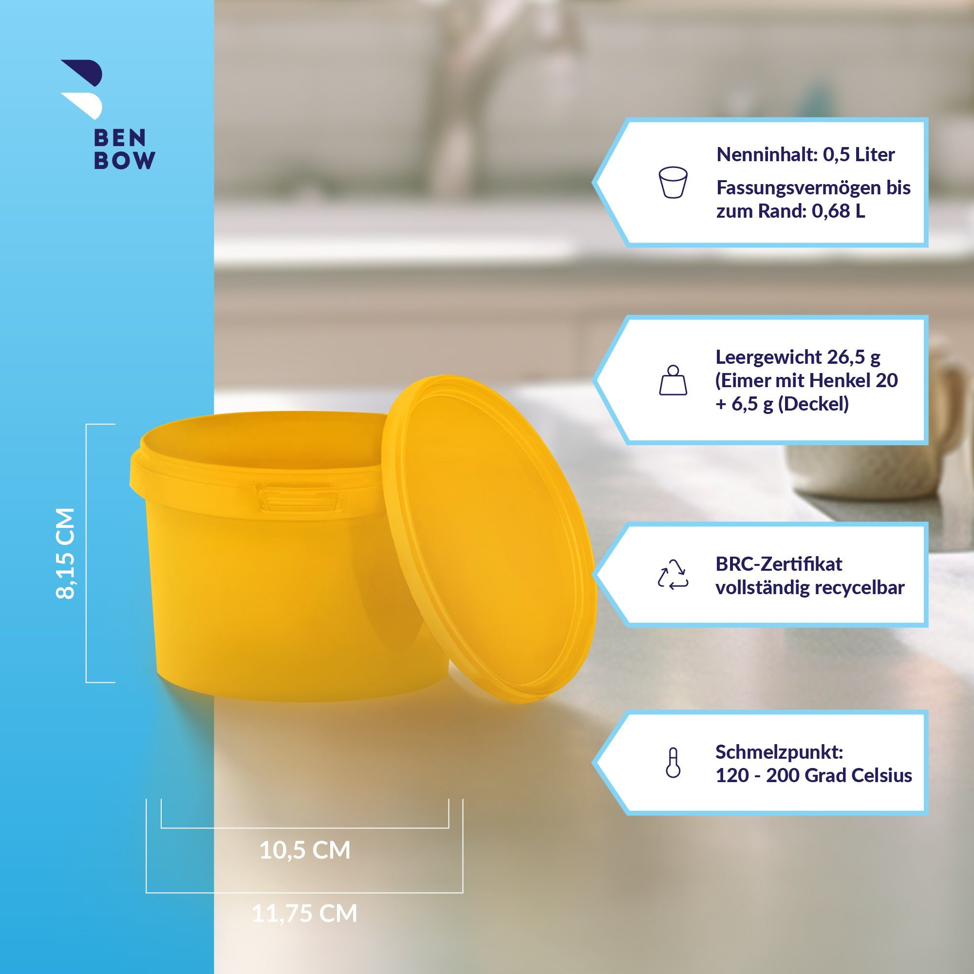 BENBOW Aufbewahrungssystem Eimer mit Deckel 30 20 10 1 0,5 L Gelb Lebensmittelecht Eimer, Polypropylen - Lebensmittelecht, Geschmacksneutral, Auslaufsicher, (1-tlg., PZH-, BRC- und DIN-ISO-zertifiziert), für Lebensmittel, Farben, Chemikalien