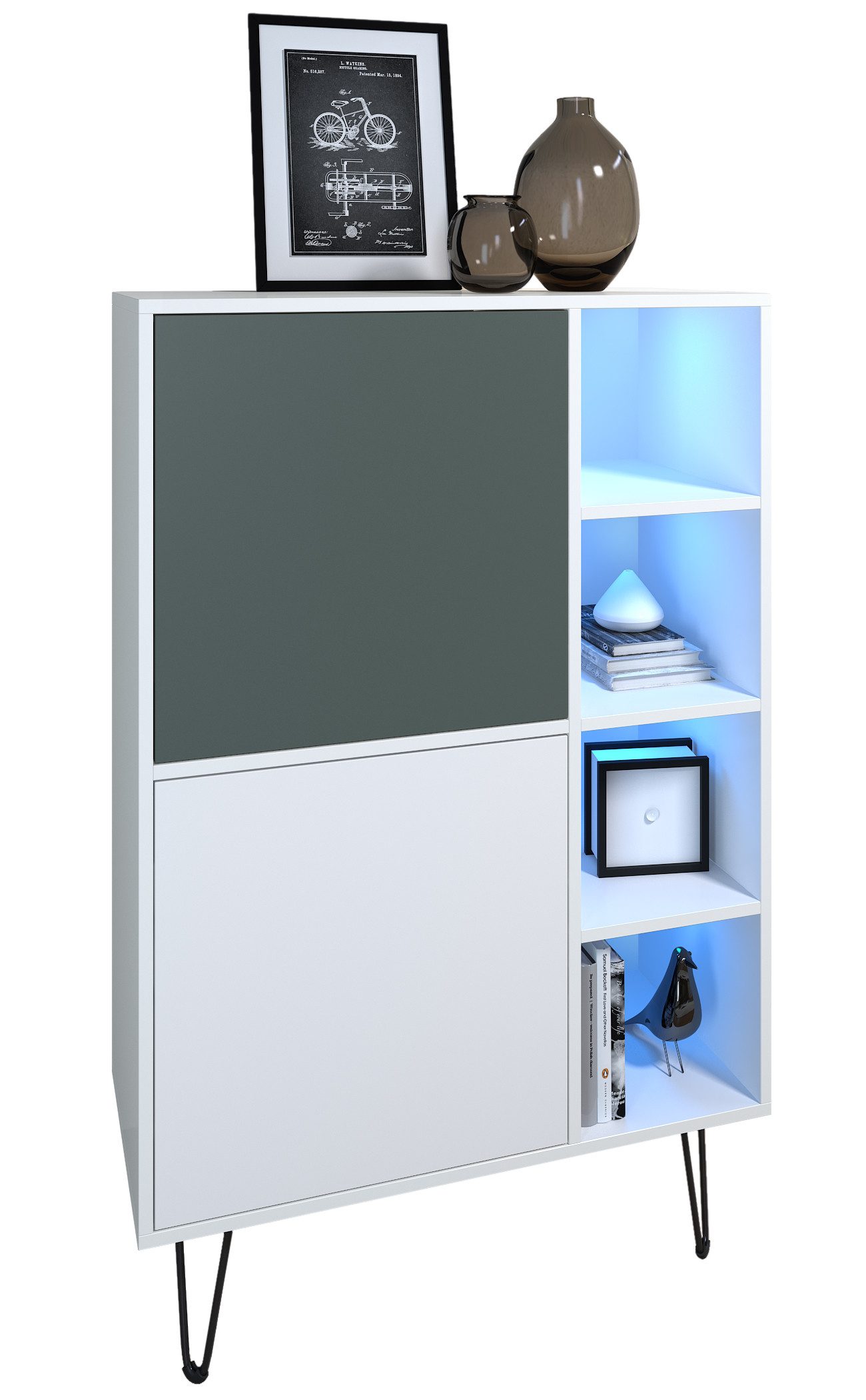 Vladon Sideboard Havana V1 (Sideboard mit 2 Türen und 4 offene Fächer, Kommode mit LED, Made in Germany), Weiß matt / Weiß matt (124 x 79 x 35 cm)