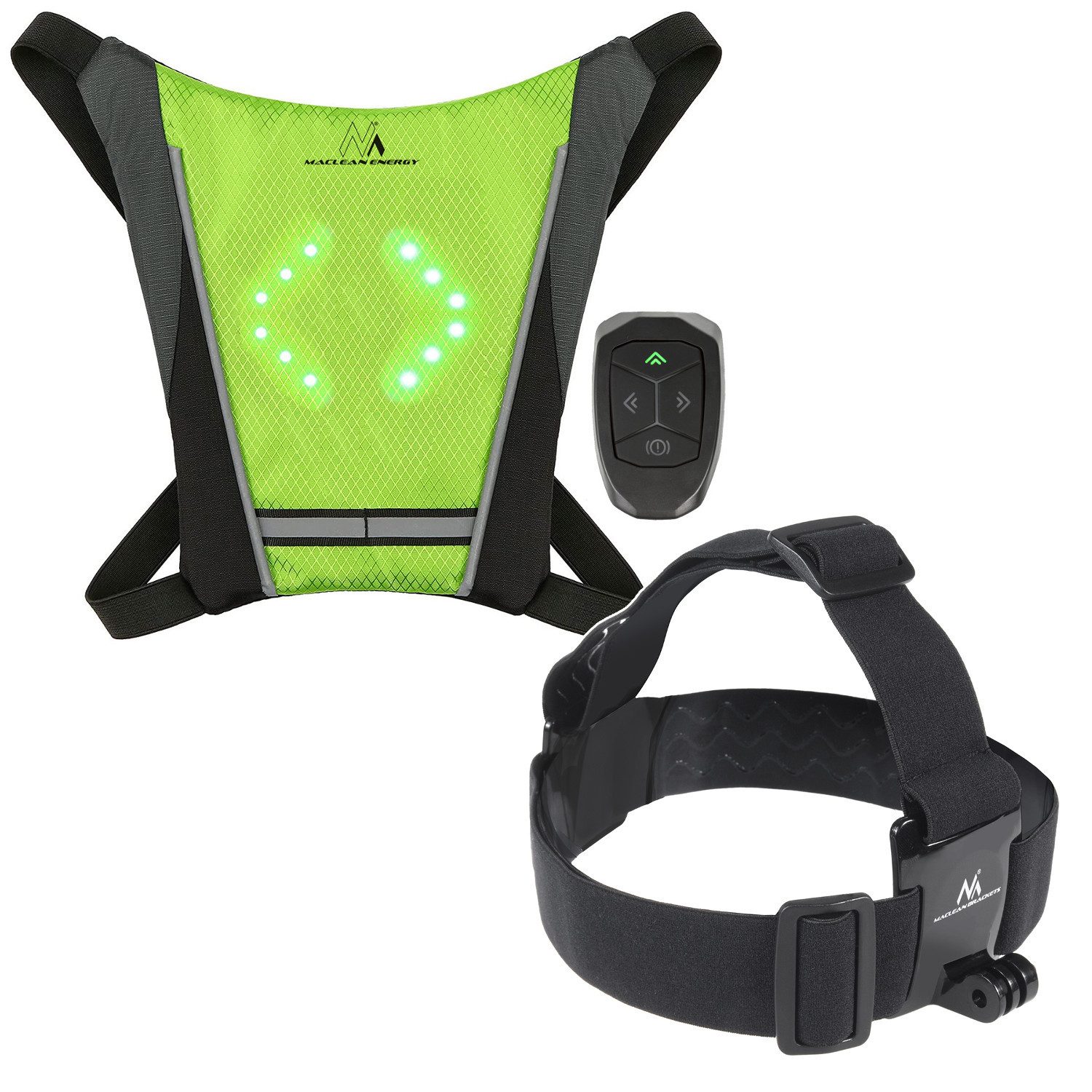 Maclean Warnweste Rucksack mit LED-Signalleuchte MCE420 + Stirnband MC-825 mit Fernbedienung, wasserdicht: Fernbedienung IPx5