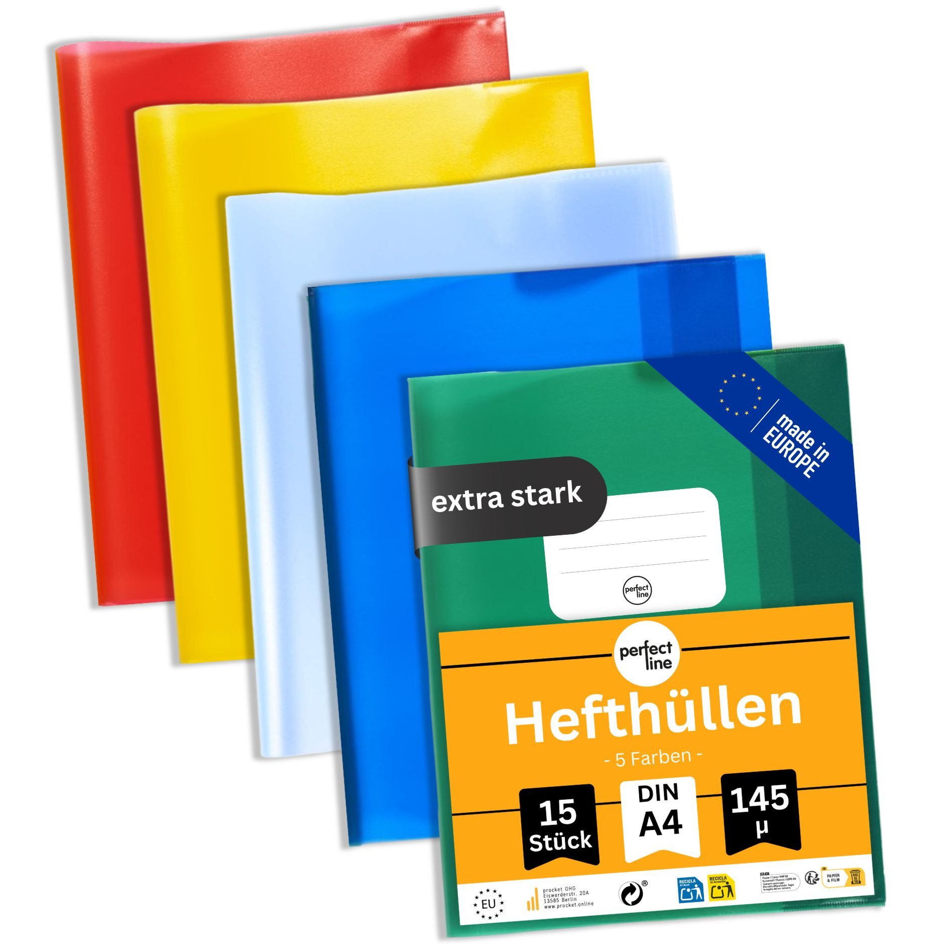 perfect line Schulheft 15 Hefthüllen DIN A4 bunt, 5 Farben, glasklar, 145 my, PP, dokumentenecht, säurefrei, Made in EU