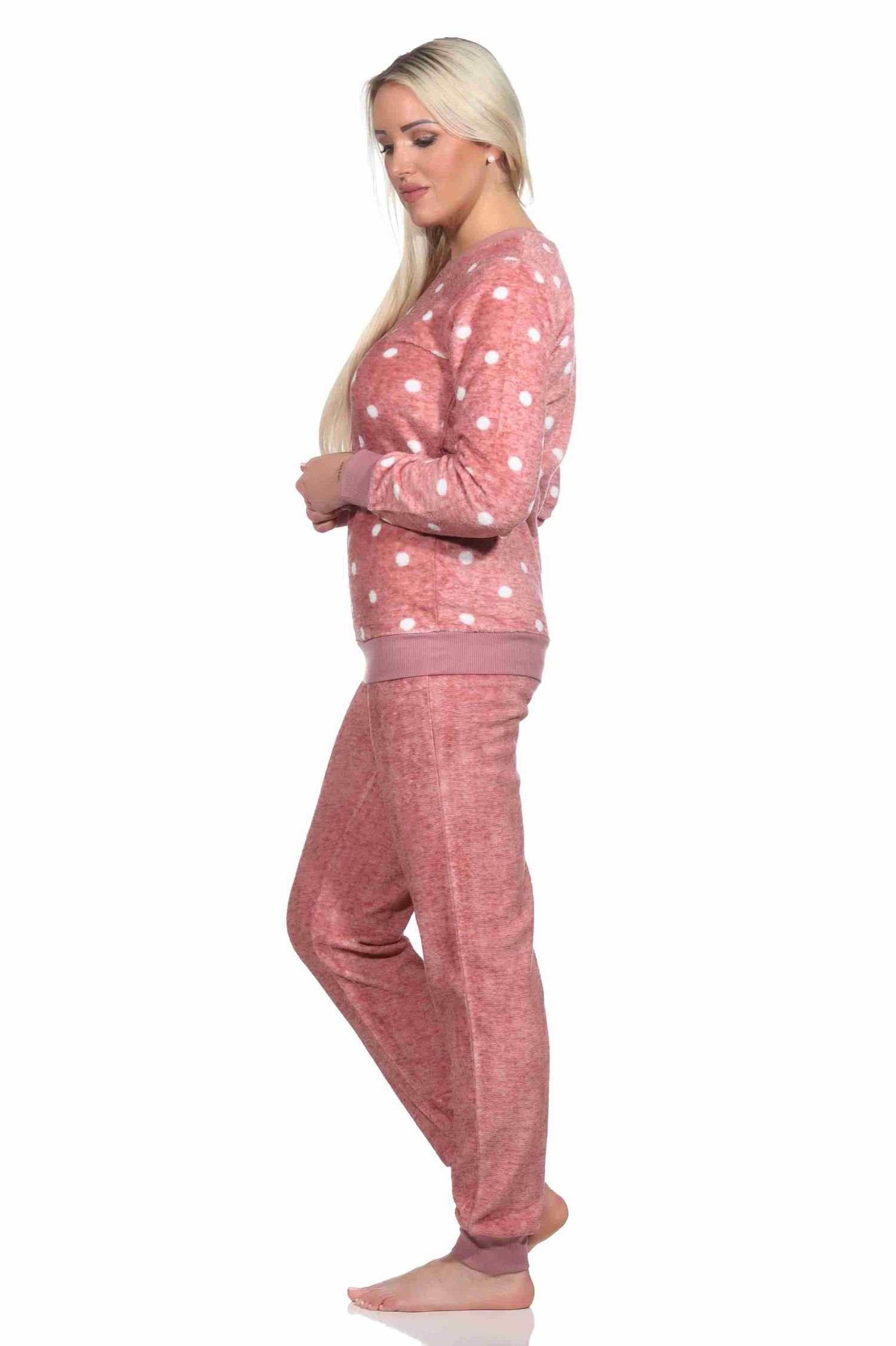 Bündchen Optik Schlafanzug Normann mit warmer Kuschelig Pyjama Tupfen Damen langarm rosa