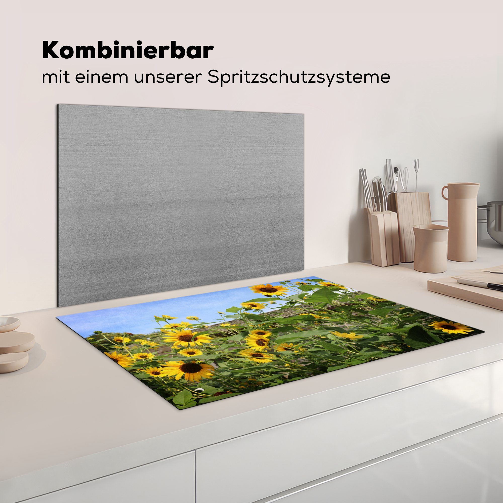 Vinyl, die Schutz für - küche, cm, (1 tlg), Sonnenblumen MuchoWow Ceranfeldabdeckung Garten - Herdblende-/Abdeckplatte Himmel, Induktionskochfeld 81x52