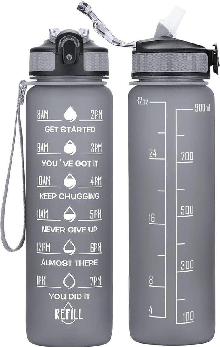 BOTC Wasserkaraffe Wasserflasche - 1000ml - BPA frei - Tritan, (Wasserflasche mit Strohhalm - Wasserflasche mit Zeitmarkierung), wasserflaschen mit strohhalmen, zeitmarkierte wasserflaschen, schwarz