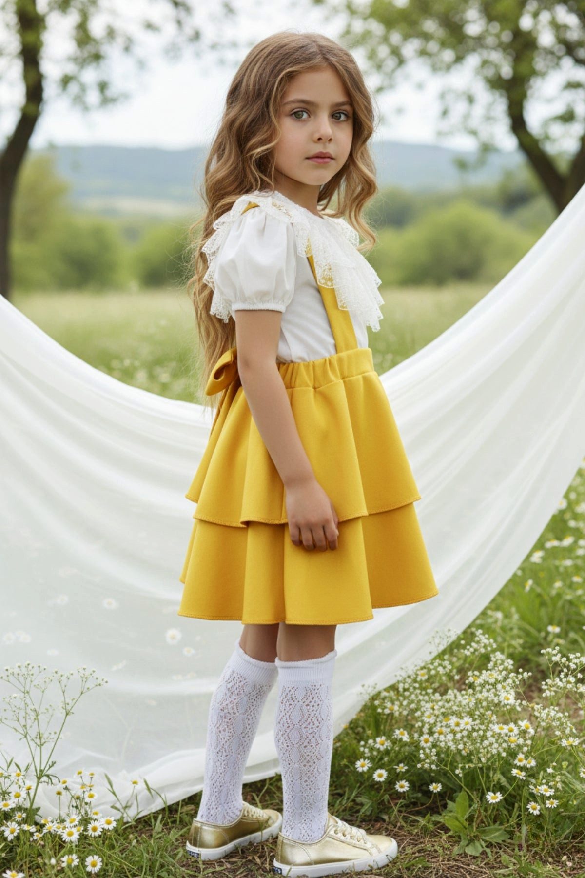 Parla Kids Shirt & Rock Gelbes Kleid mit Trägern, kurzarm Shirt mit Spitzendetails