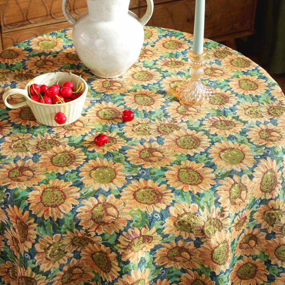 Tischdecken modernes waschbar Tischdecke floral Jacquard Sonnenblume FELIXLEO 150CM rund