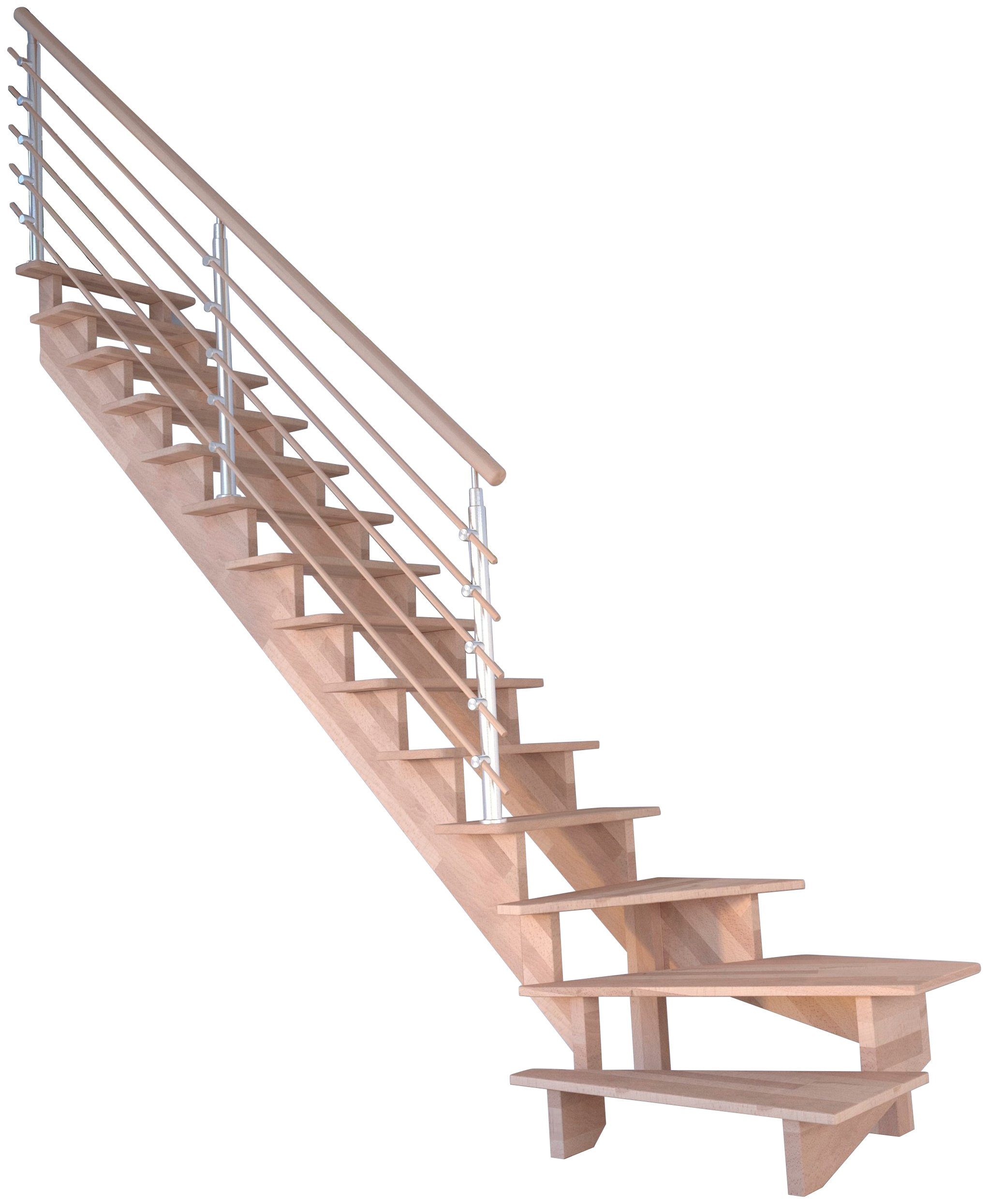 Starwood Systemtreppe Massivholz Lindos, Design-Geländer Holzrundstäbe, für Geschosshöhen bis 300 cm, Stufen offen, gewendelt Links, Durchgehende Wangenteile