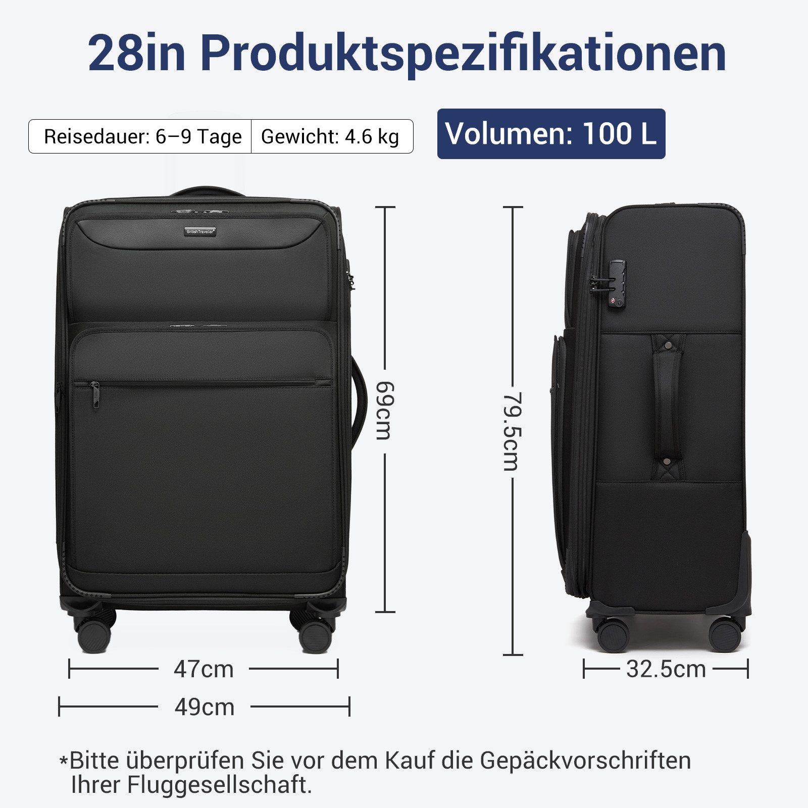British Traveller Handgepäck-Trolley Stoffkoffer erweiterbar mit Frontfäche günstig online kaufen
