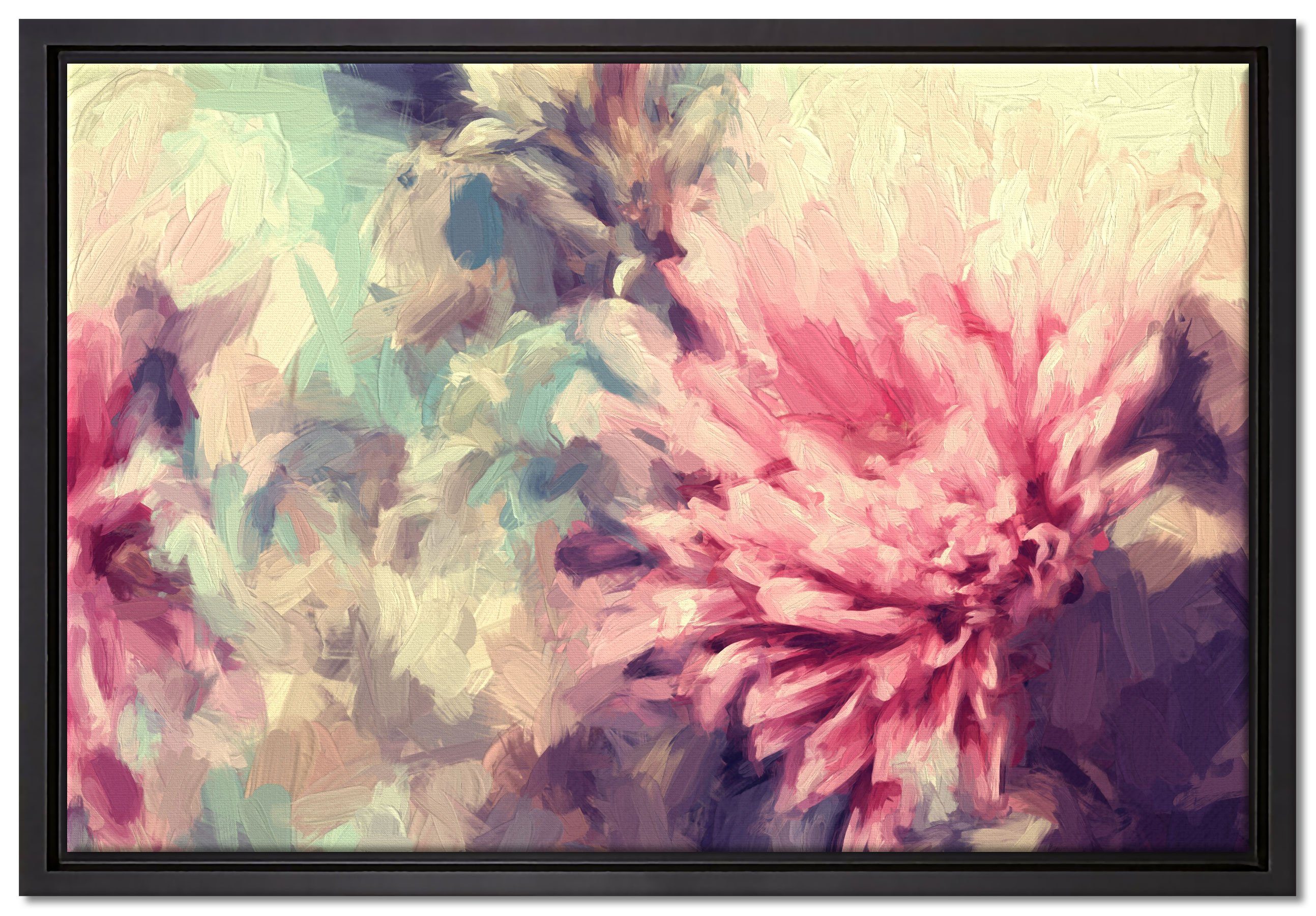 Leinwandbild Leinwandbild fertig Romantische einem in (1 gefasst, St), bespannt, Pixxprint Schattenfugen-Bilderrahmen Blumen, inkl. Wanddekoration Zackenaufhänger