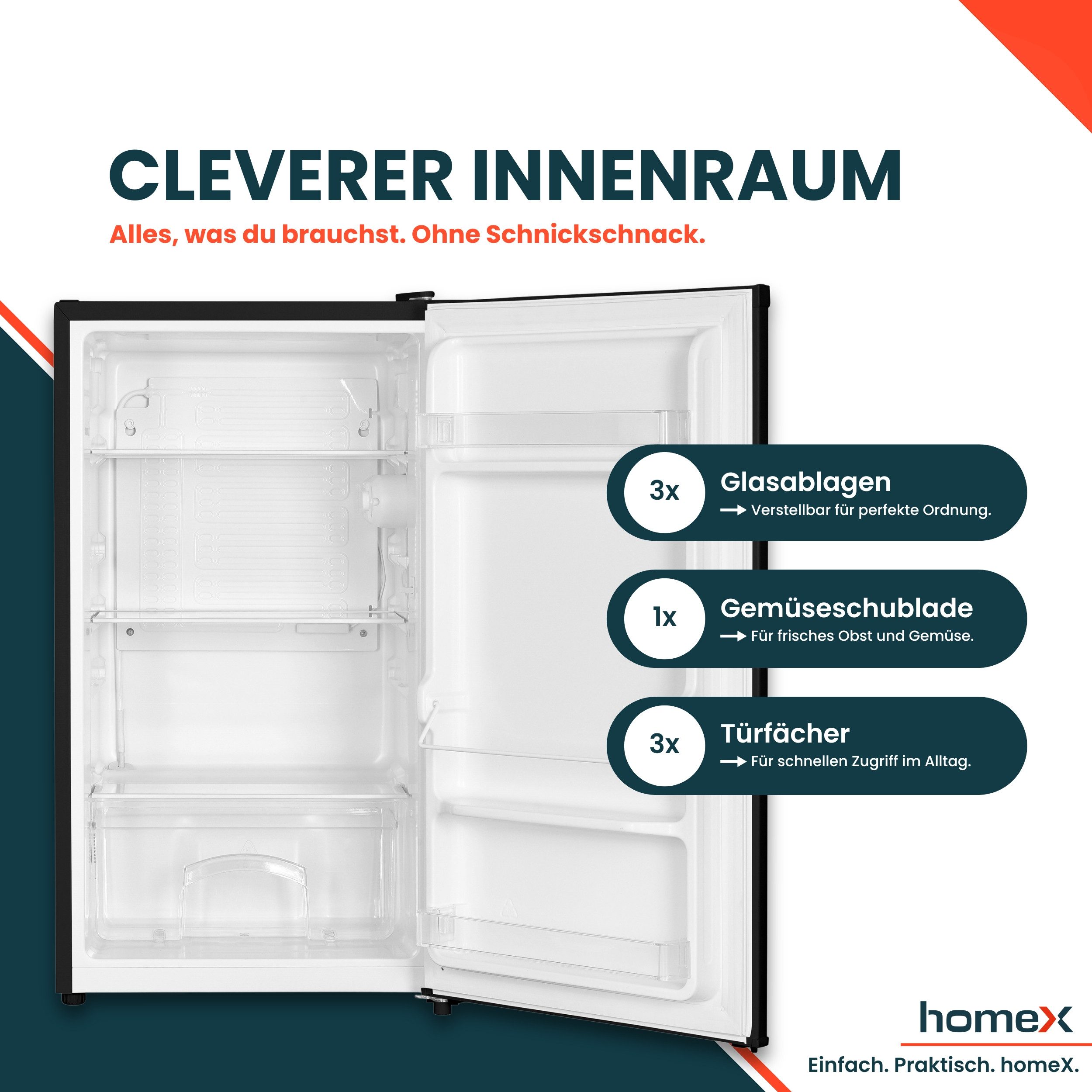 homeX Kühlschrank CS1016-B, 85 cm hoch, 47.5 cm breit, 88 Liter, Tischkühlschrank ohne Gefrierfach, klein, freistehend, leise