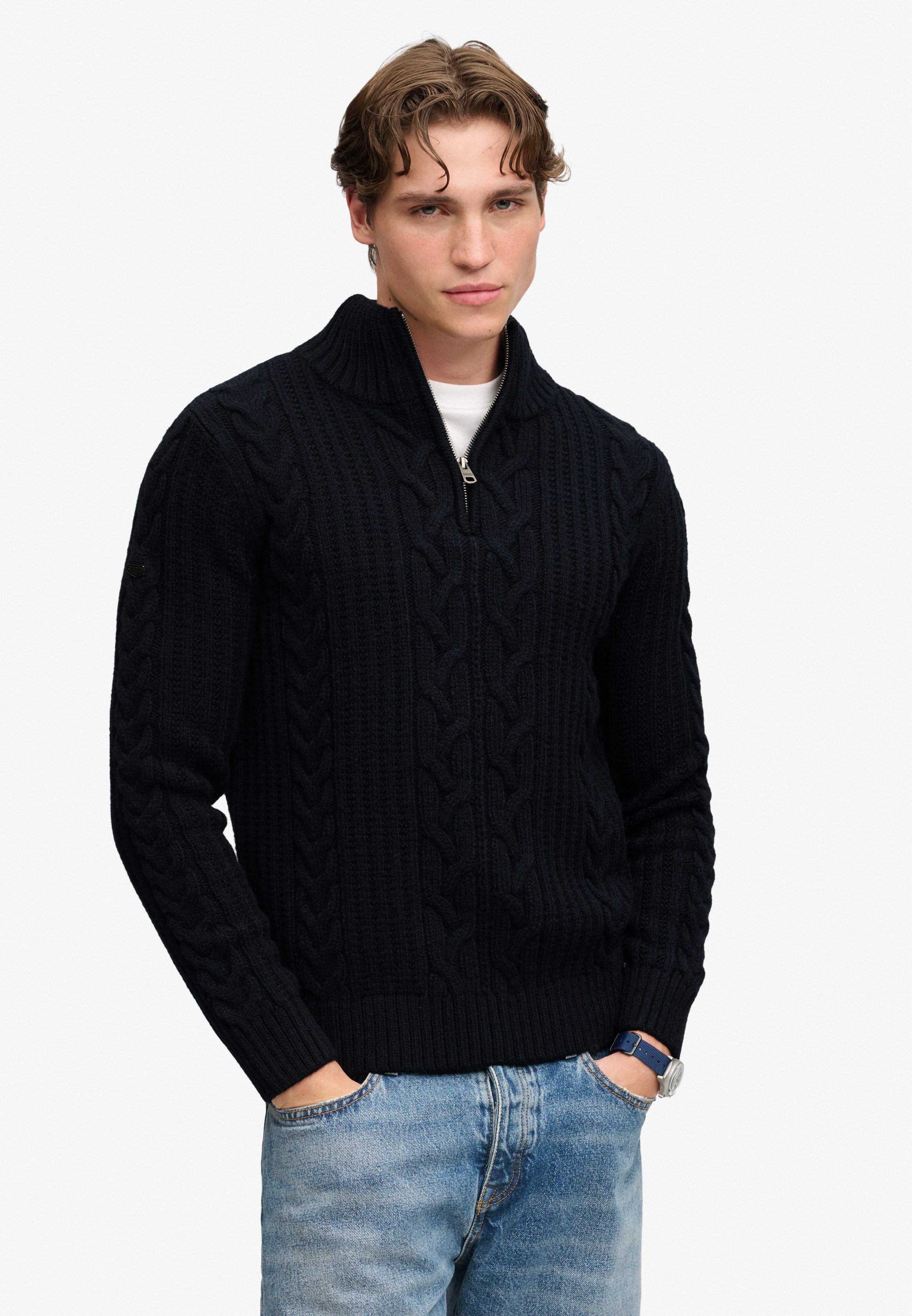 Superdry Strickpullover JACOB CABLE HALF ZIP KNIT Materialmix, slim fit