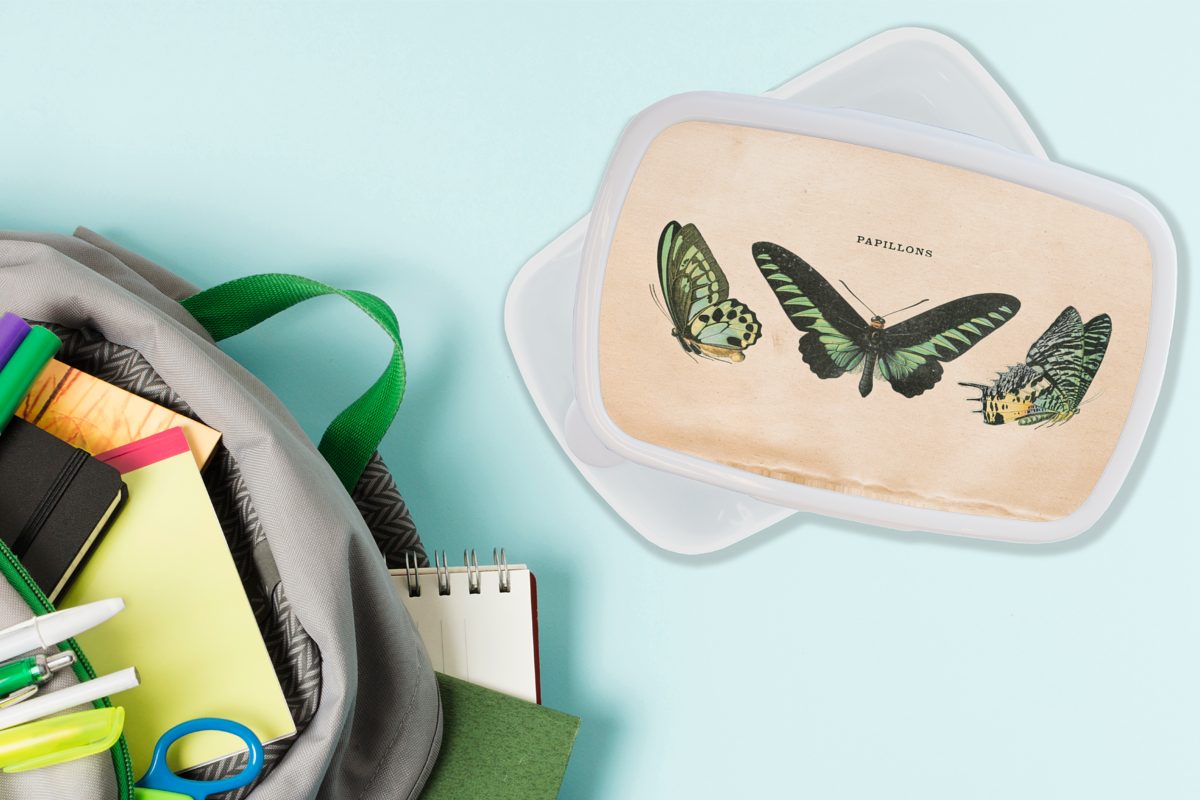 MuchoWow Lunchbox Schmetterling - (2-tlg), Brotdose, Erwachsene, Brotbox für - und für weiß Mädchen Jungs Tier Insekt, Kinder und Kunststoff