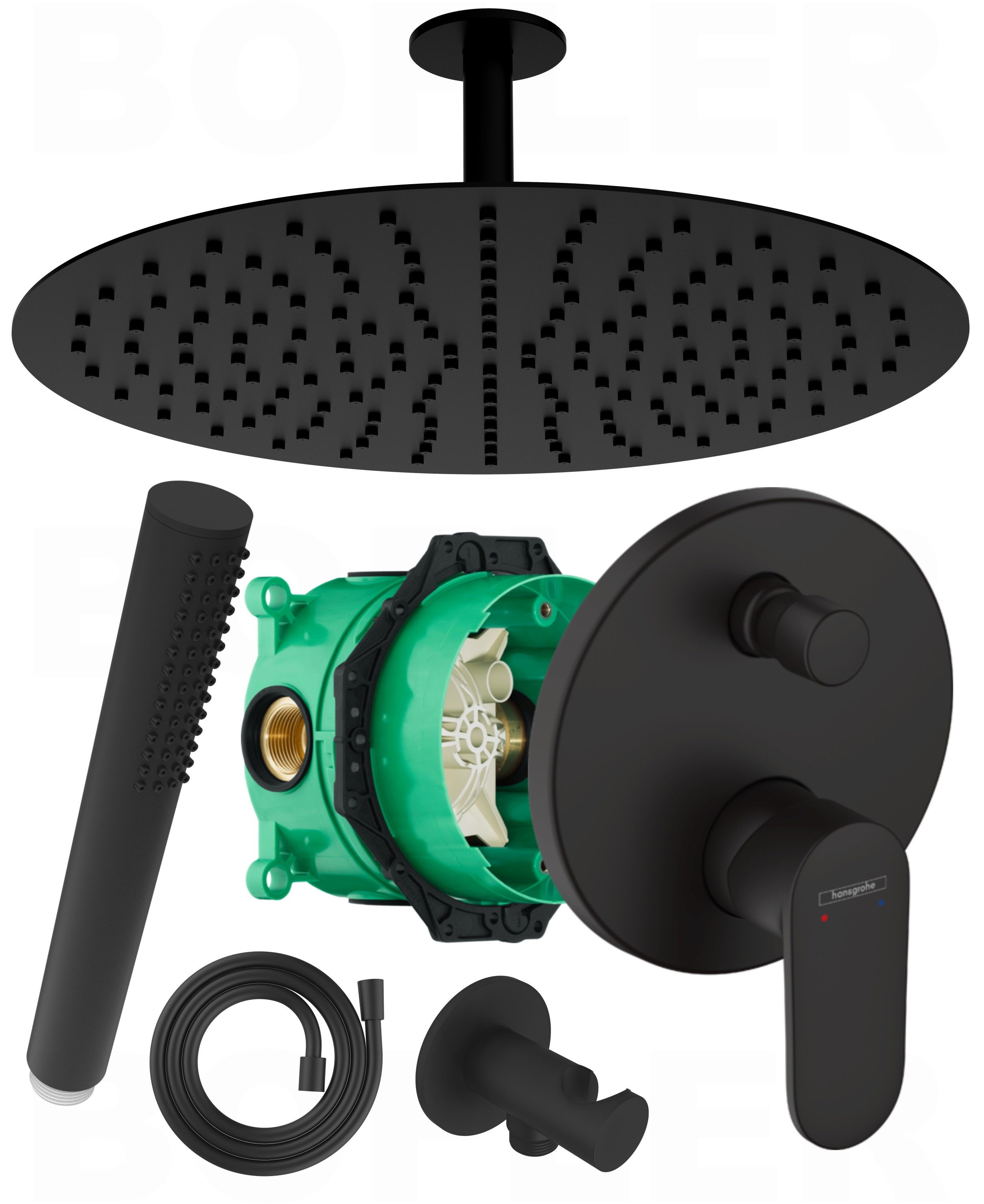 Hansgrohe und Bofler Duscharmatur Vernis Blend Unterputz Armatur für 2 Verbraucher + IBOX 1 (Duschsystem, Duschanlage, Duschset, inkl. BOFLER Duschset #33, Brauseset, XXL Regendusche Ø40cm, Deckenarm) matt schwarz, Antikalk-Gummidüsen, Wassersparende Regendusche