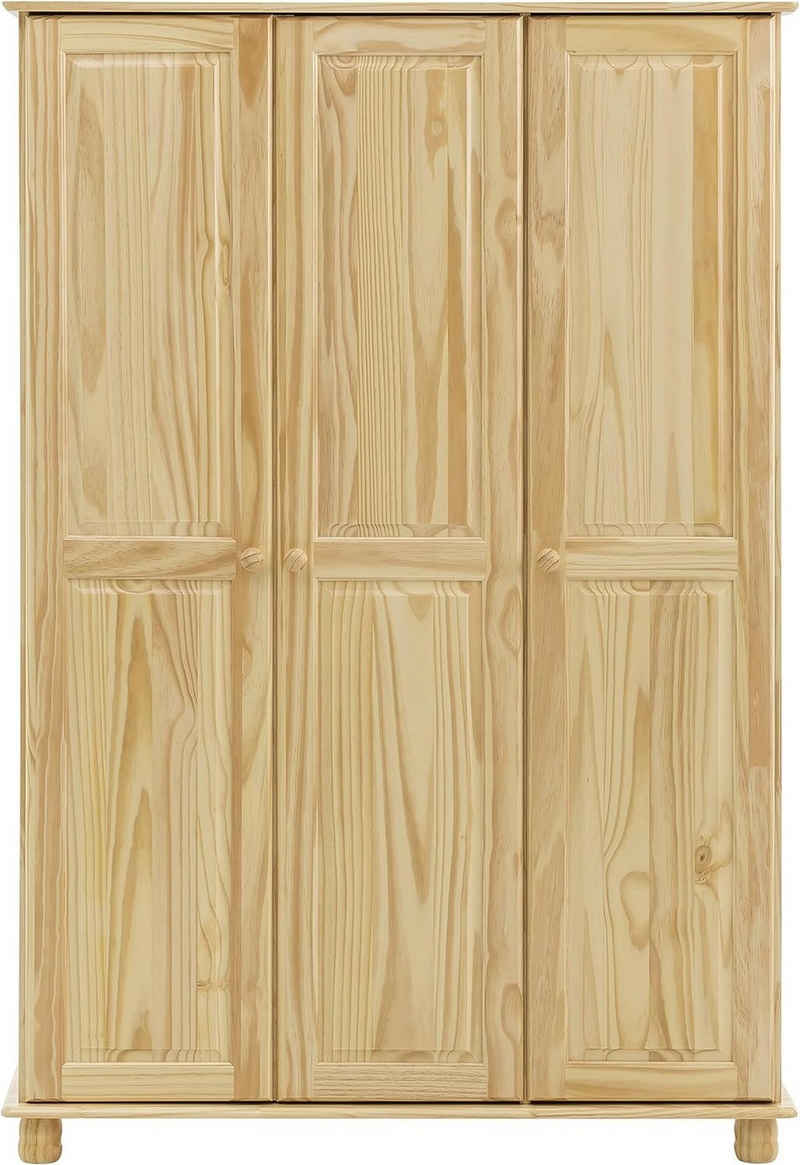 furnling Kleiderschrank Oslo 52 x 120 x 178 cm aus massivem Kieferholz, 3-türig mit Kleiderstange
