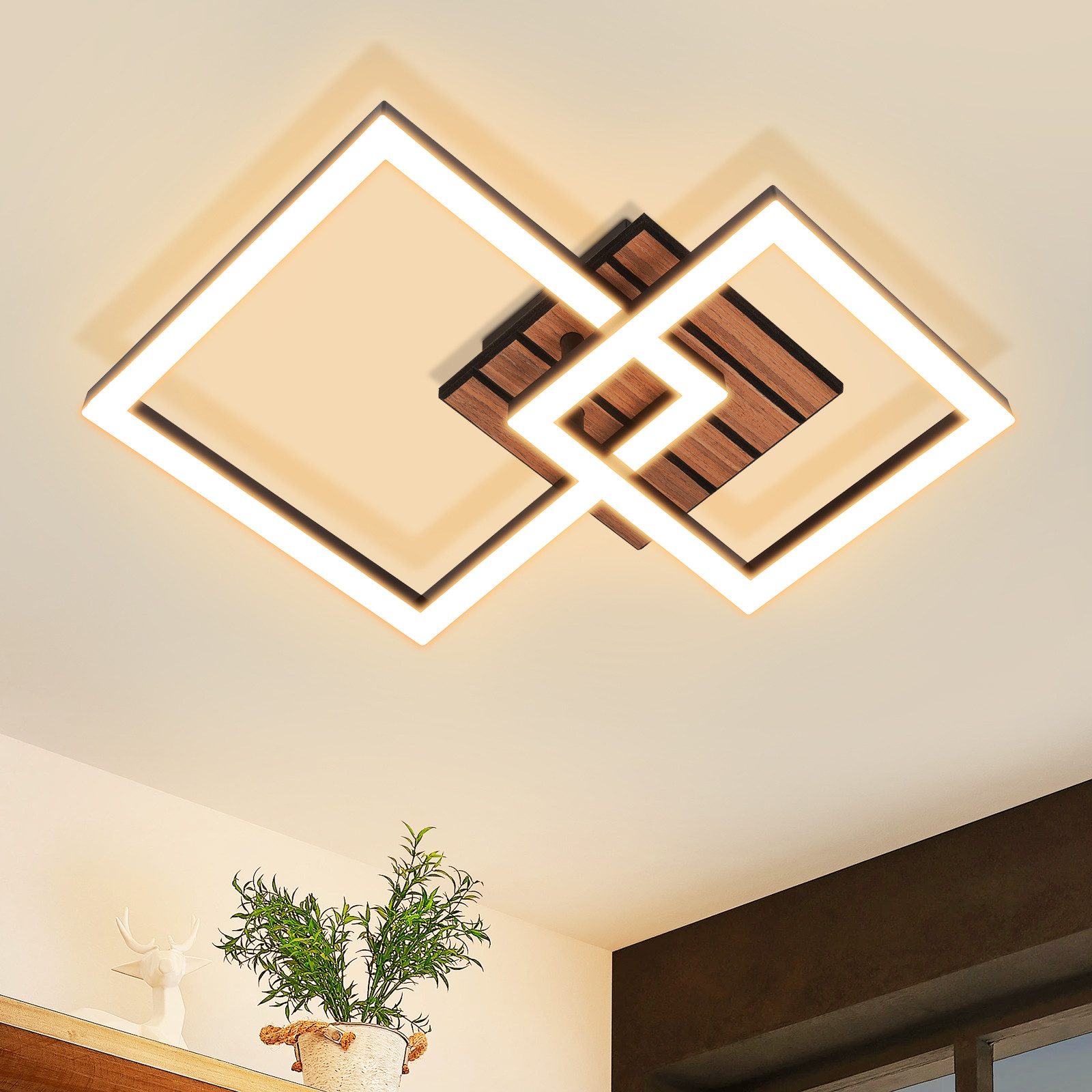 Nettlife LED Deckenleuchte Retro schwarz 14/21W eckig 3000K Warmweiß Design lampe Holz, LED fest integriert, für Küche Schlafzimmer Flur Wohnzimmer Bürolampe Zuhause