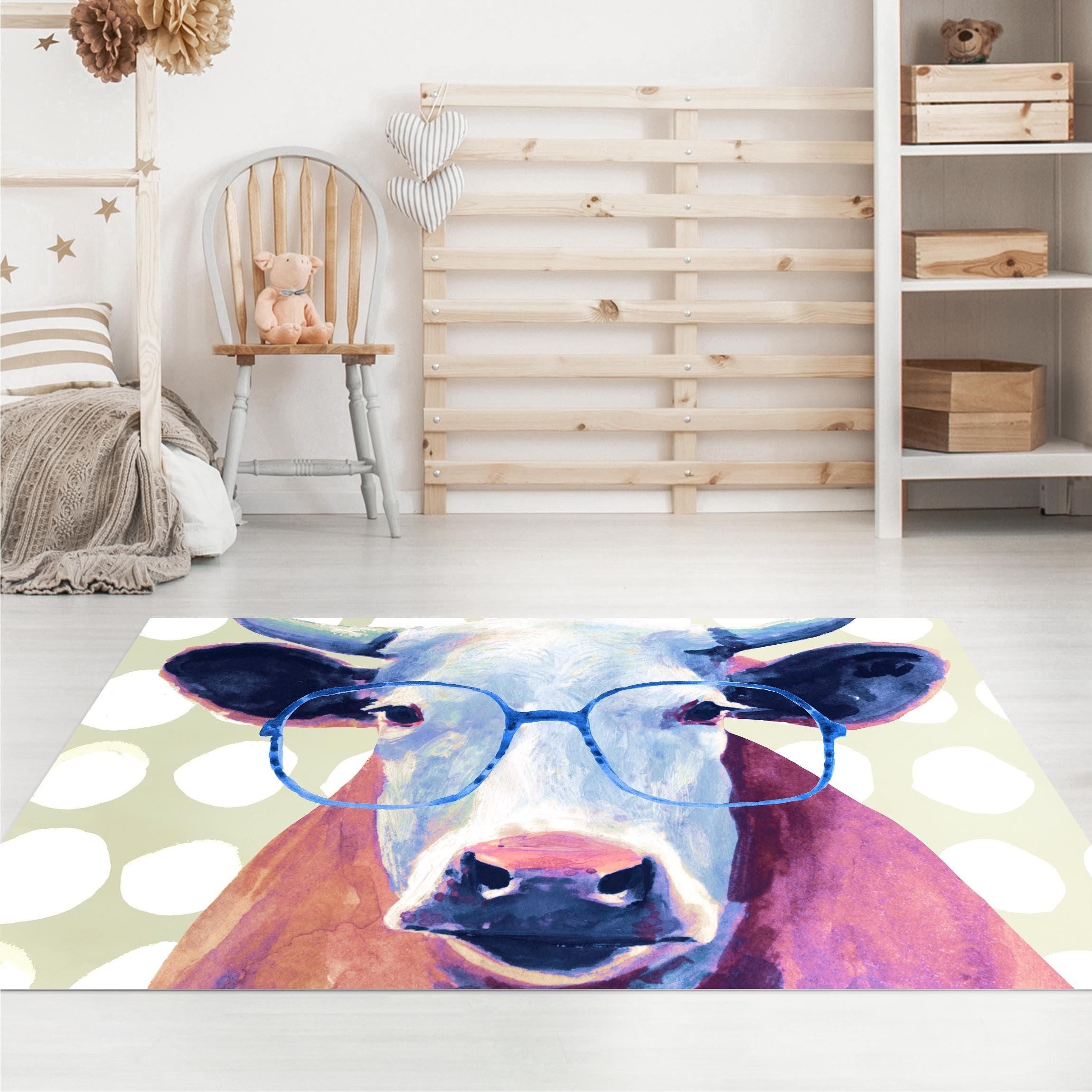 Bilderdepot24 Teppich Vinyl Kinderzimmer Tiere Kuh Mädchen Jungen funktional, rechteckig - violett glatt, nass wischbar (Saft, Tierhaare) - Saugroboter & Bodenheizung geeignet