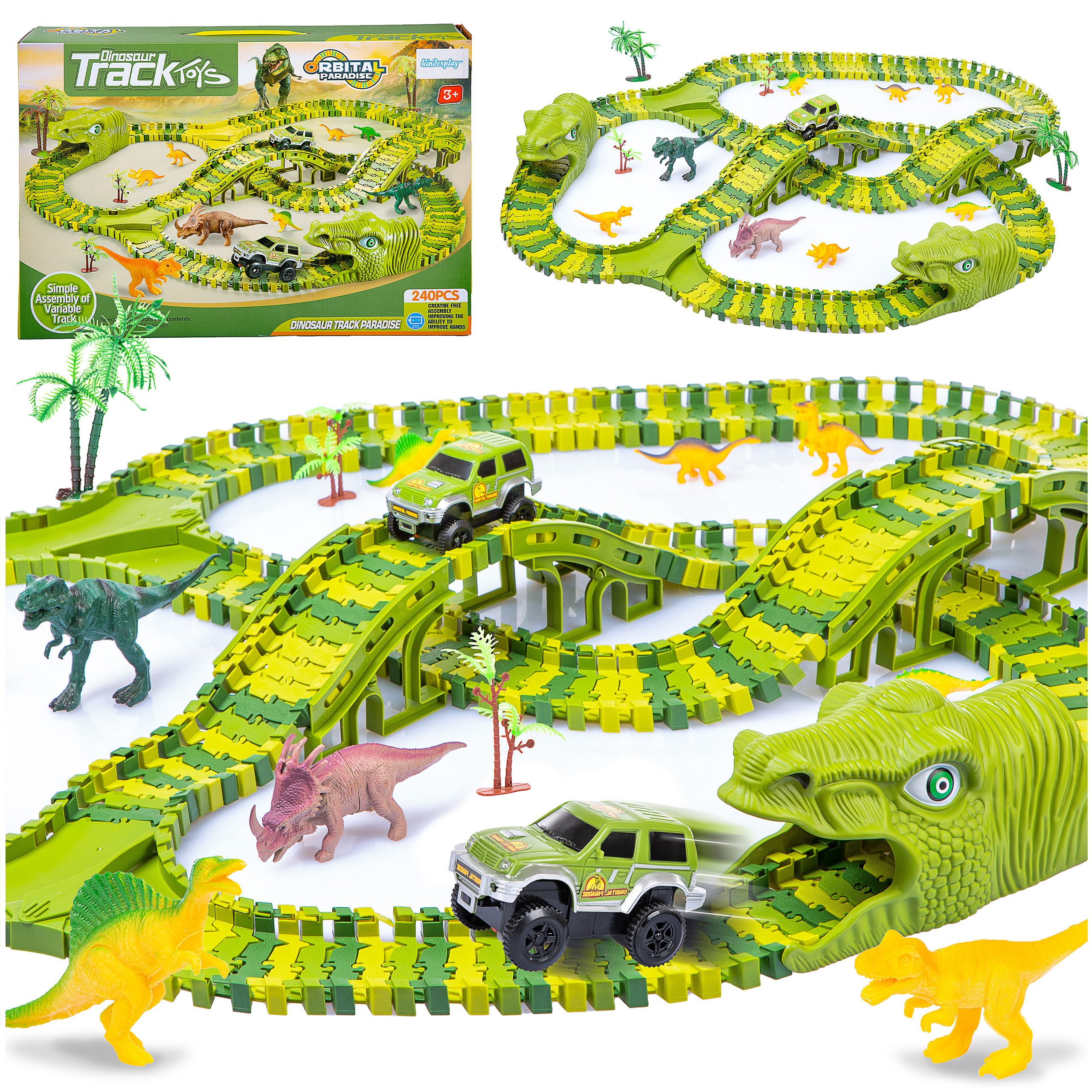 kinderplay Autorennbahn Mega große Dinosaurierpark Dinosaurier Rennbahn 360 cm (Streckenlänge 3,60 m), (275-tlg), 1 x Batterie betriebenes Auto