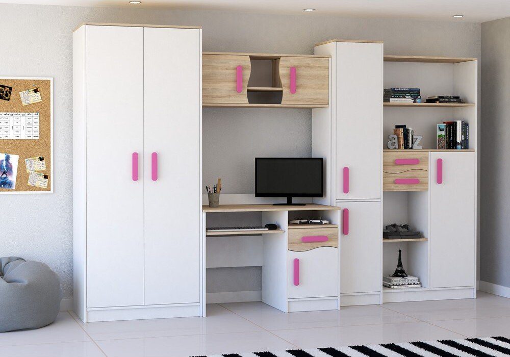 Polini Home Jugendzimmer-Set Wohnwand Kinderzimmer Anbauwand Colour in Weiß-rosa von Polini Home, Geräumig