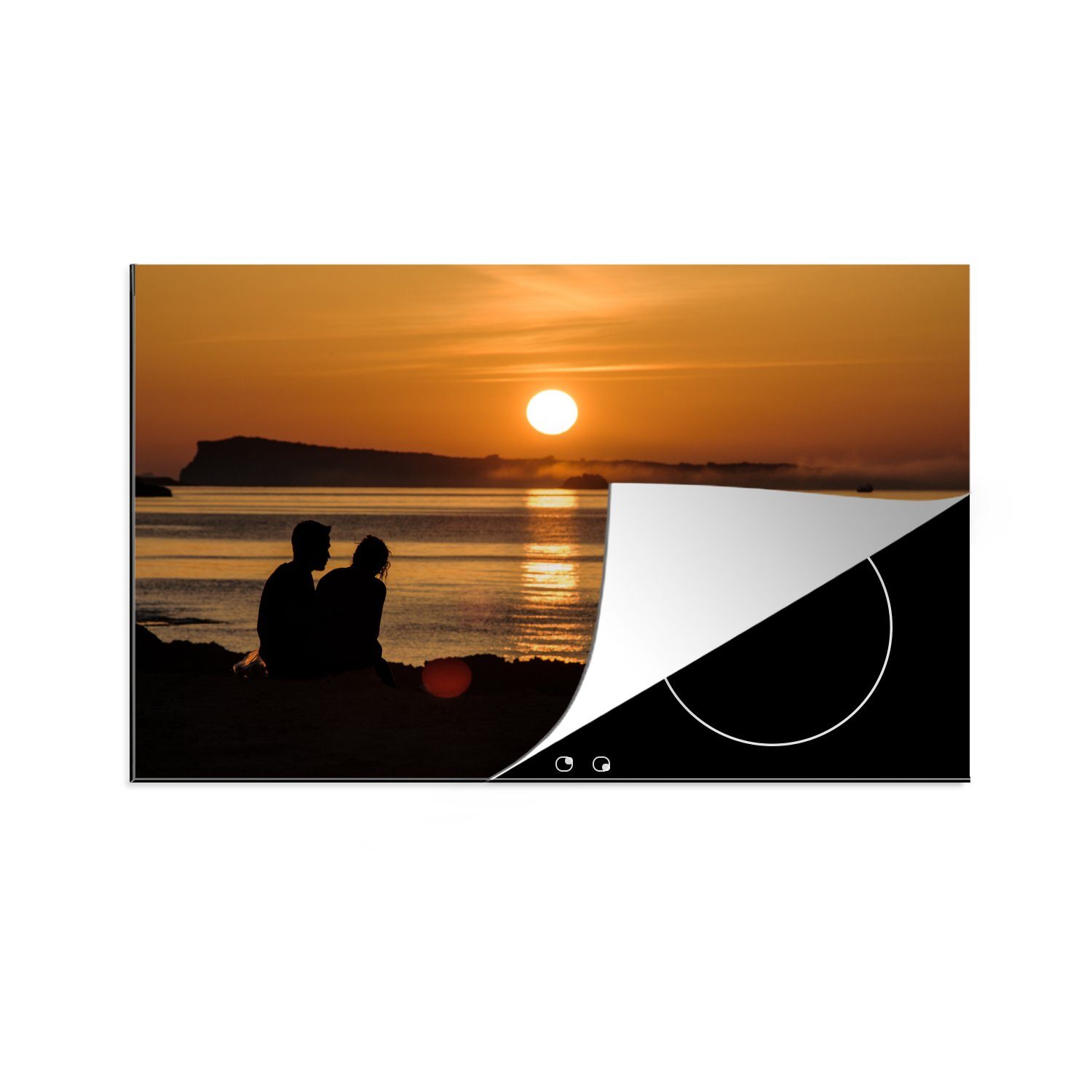 MuchoWow Herdblende-/Abdeckplatte Pärchen bei Sonnenuntergang auf Ibiza, Vinyl, (1 tlg), 83x51 cm, Ceranfeldabdeckung, Arbeitsplatte für küche