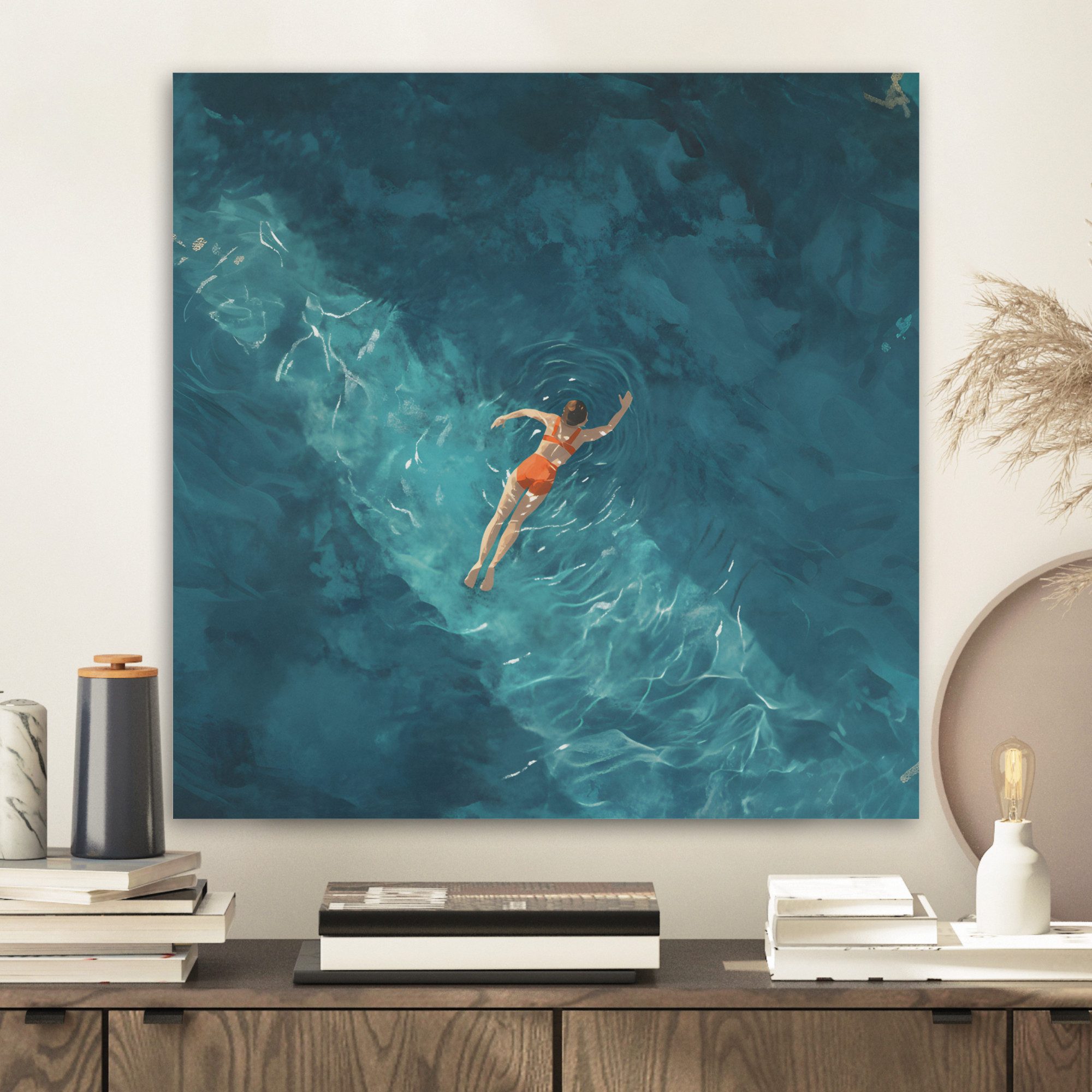 MuchoWow Gemälde Frau - Wasser - Bikini - Orange, Fotodruck (1 St), Akustikbilder PET-Filz, Wandpaneele, Akustikpaneele 40x40 cm